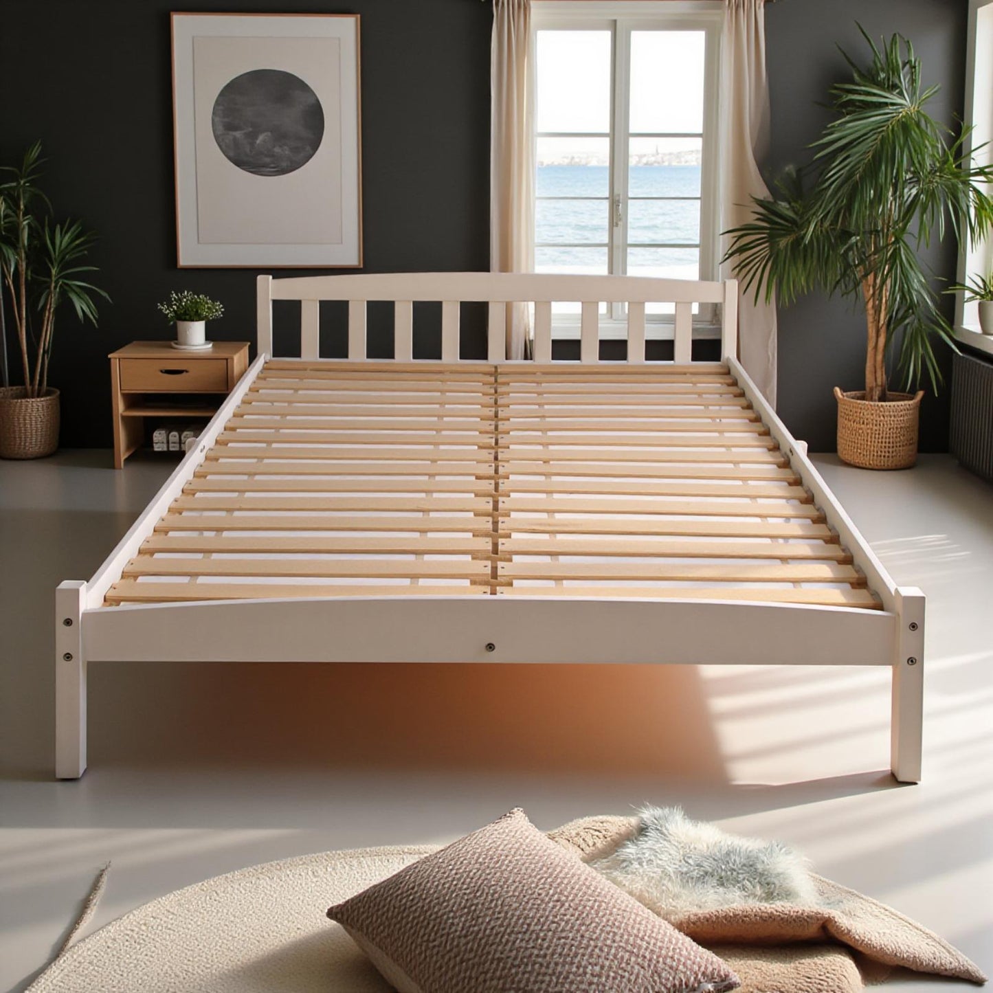 Structure de Lit Double en Bois, Style Scandinave - 140x190 cm - Blanc
