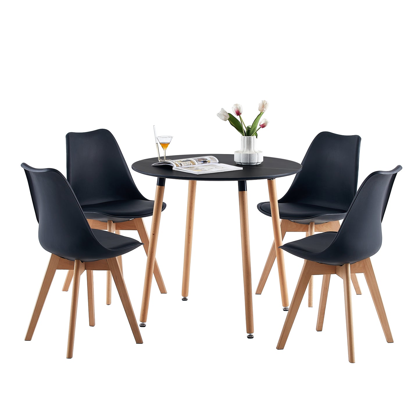 Ensemble table et chaises - Table Ronde de Cuisine avec Pieds en Bois et 4 Chaises Scandinaves Noires, Dimensions 54*54*82cm