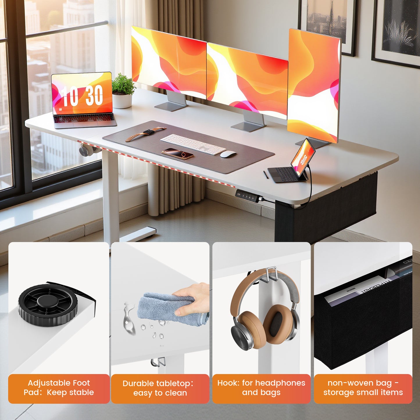 Bureau Reglable en Hauteur Electrique, Bureau Assis Debout Électrique, Bureau Debout avec Bande Lumineuse, Sac en Tissu et USB, 160 X 75 CM, Blanc