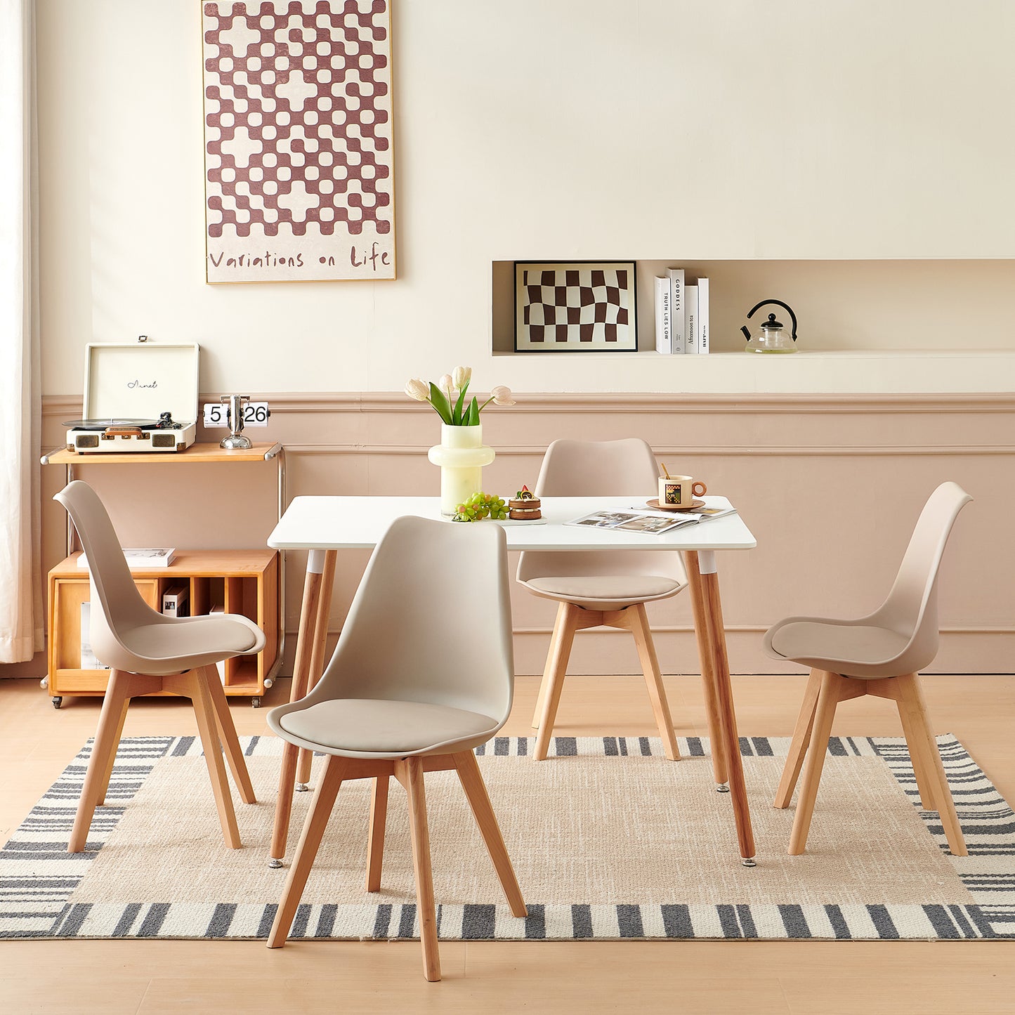 Lot de 4 Chaises de Cuisine Rétro Rembourrée Chaise de Salle de Bureau, Pieds en Bois de Hêtre Massif--Kaki clair