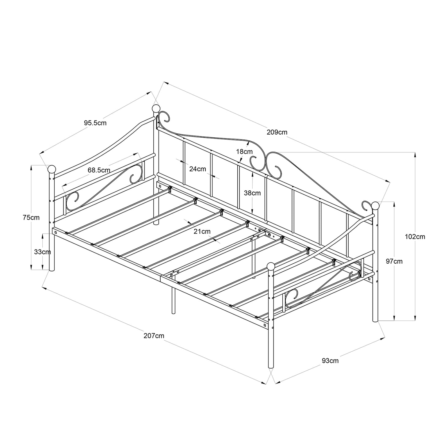 Lit simple en métal 90x200 cm, design épuré, robuste et moderne - Noir
