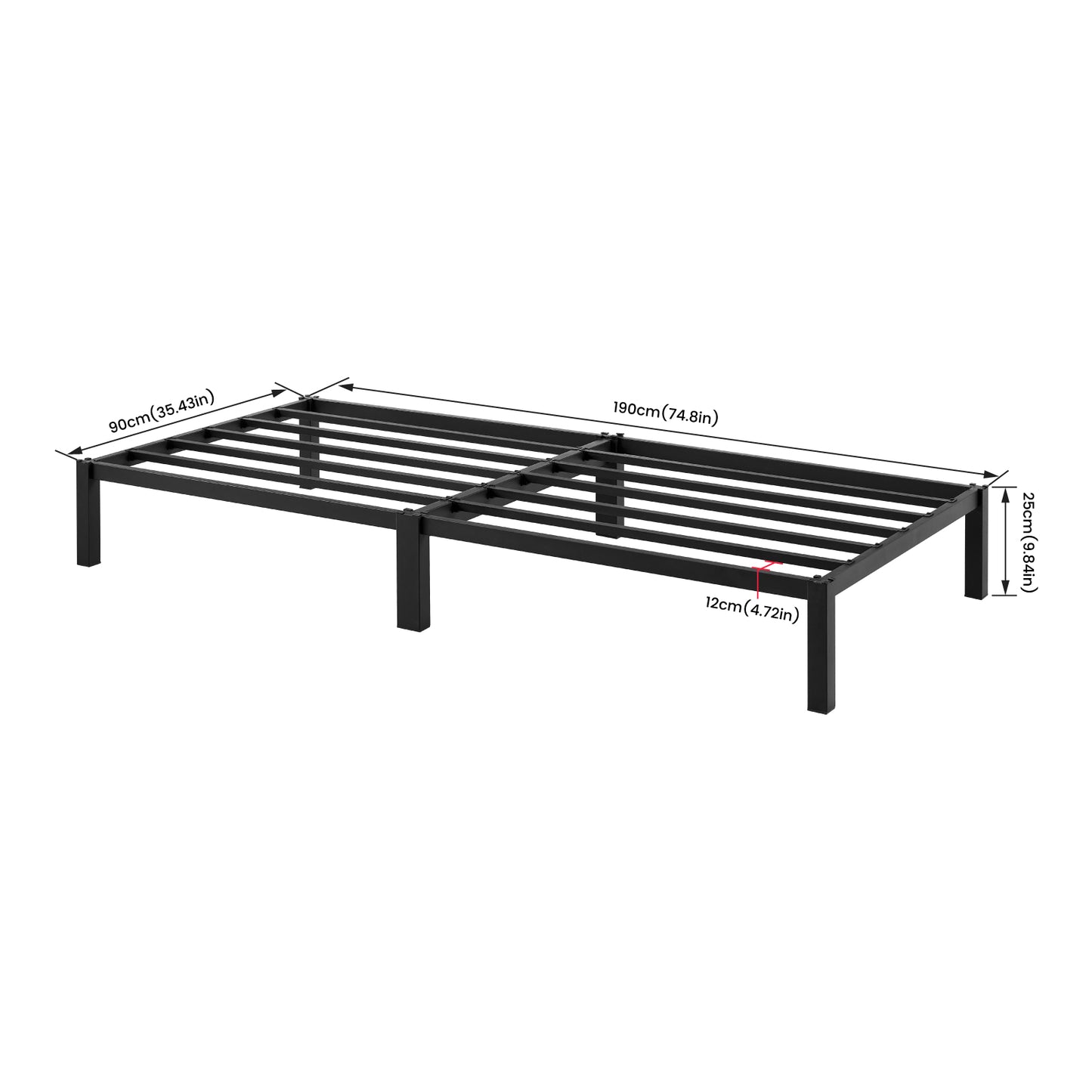 Sommier 90 x 190 cm, Cadre de Lit en Bloc Metal pour 2 Personnes Adulte Lit avec Sommier - Noir