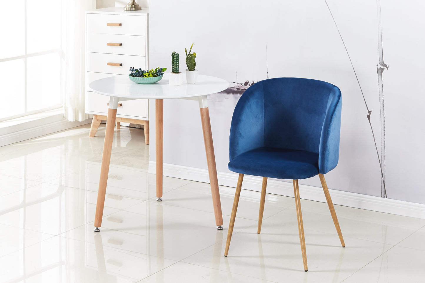 Chaise Rétro en Velours Bleu avec Pieds en Métal Décor Bois, Fauteuil Scandinave pour Salle à Manger