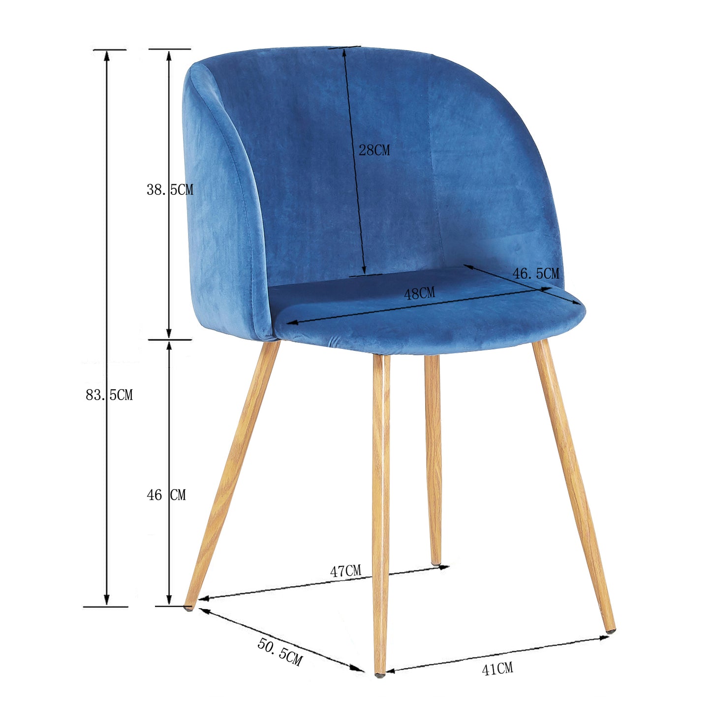 Chaise Rétro en Velours Bleu avec Pieds en Métal Décor Bois, Fauteuil Scandinave pour Salle à Manger