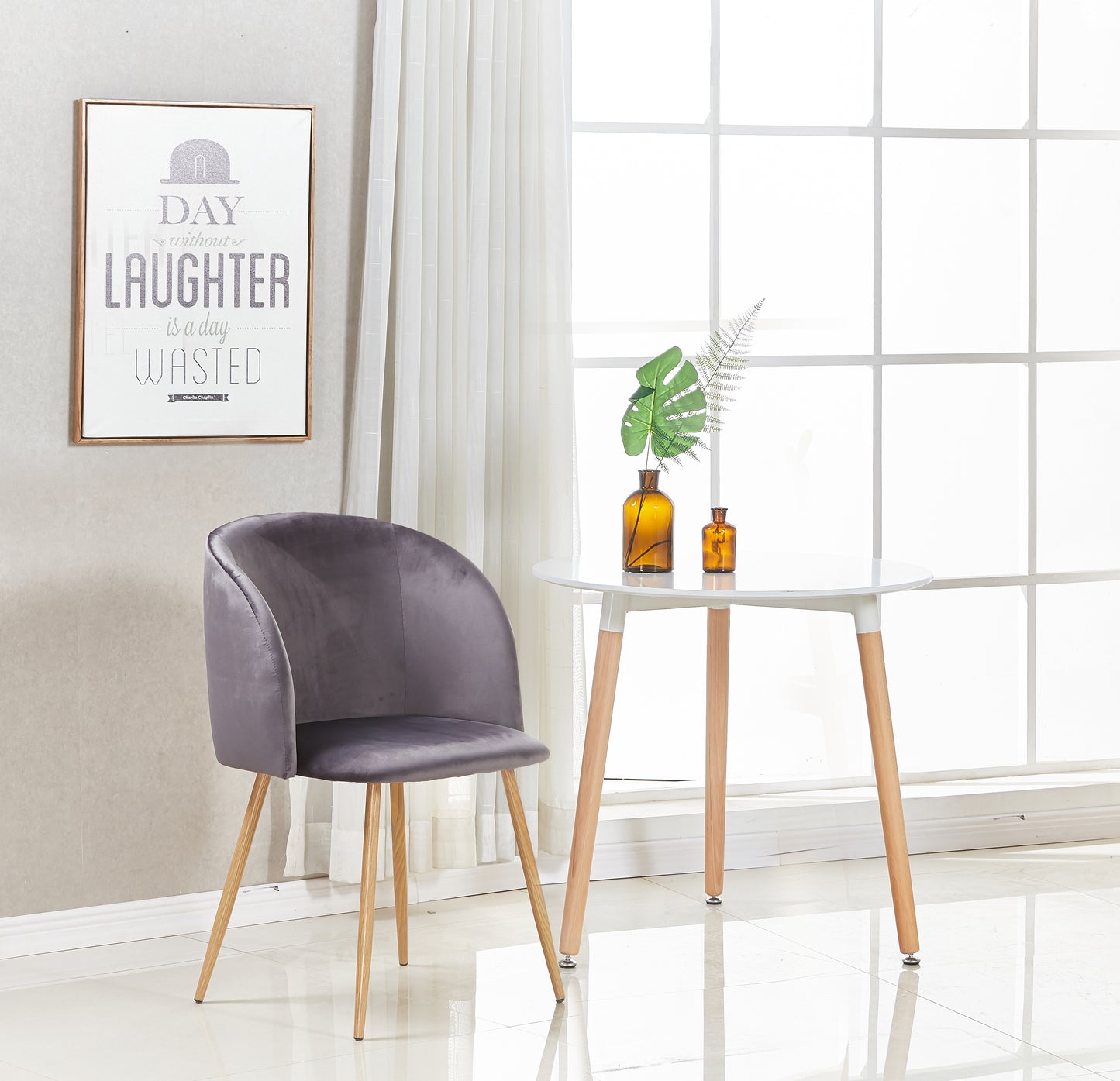 Chaise Rétro en Velours Gris avec Pieds en Métal -Fauteuil pour Salle à Manger