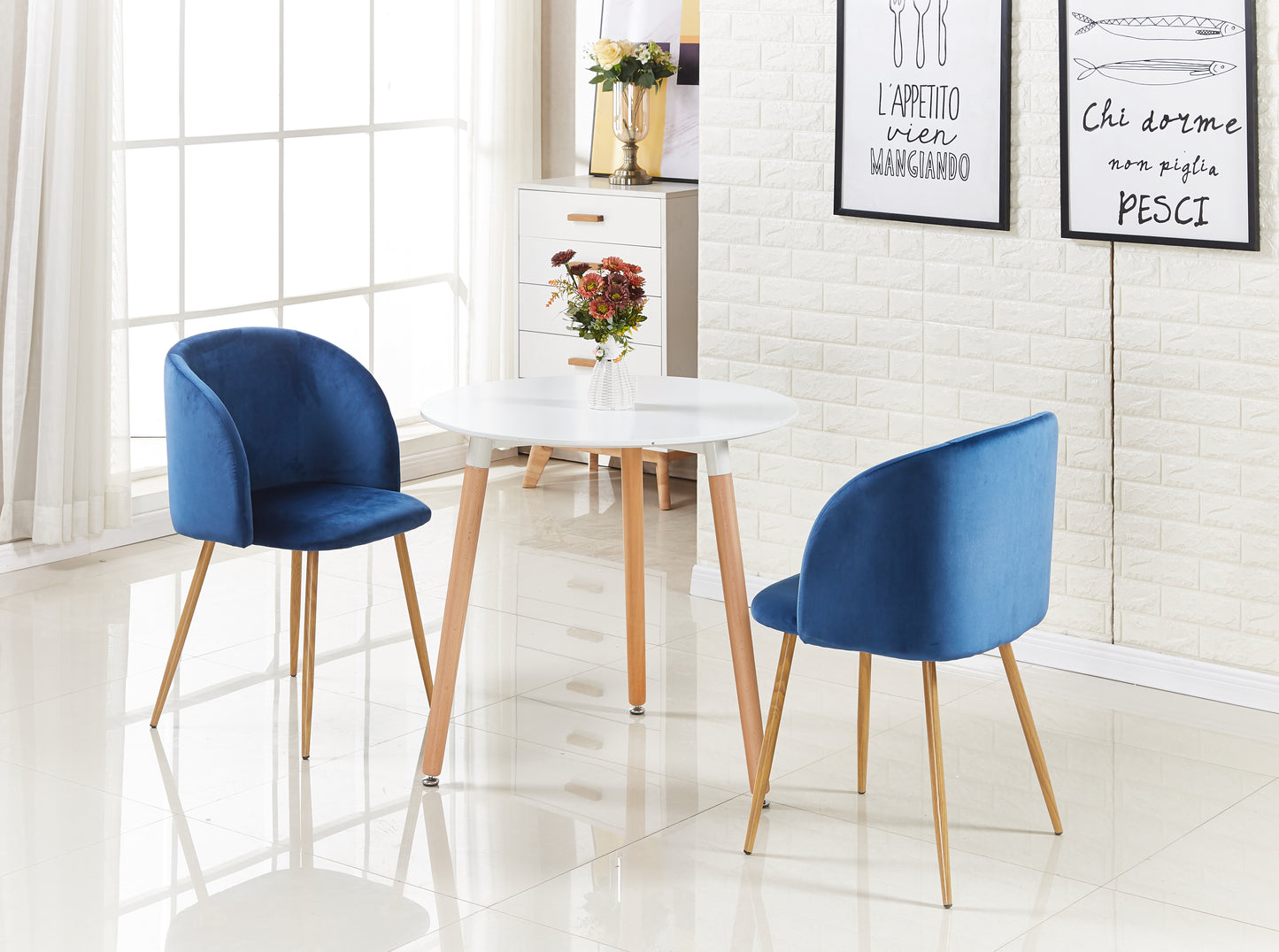 Lot de 2 chaises de salle à manger - Tissu velours Bleu- Scandinave