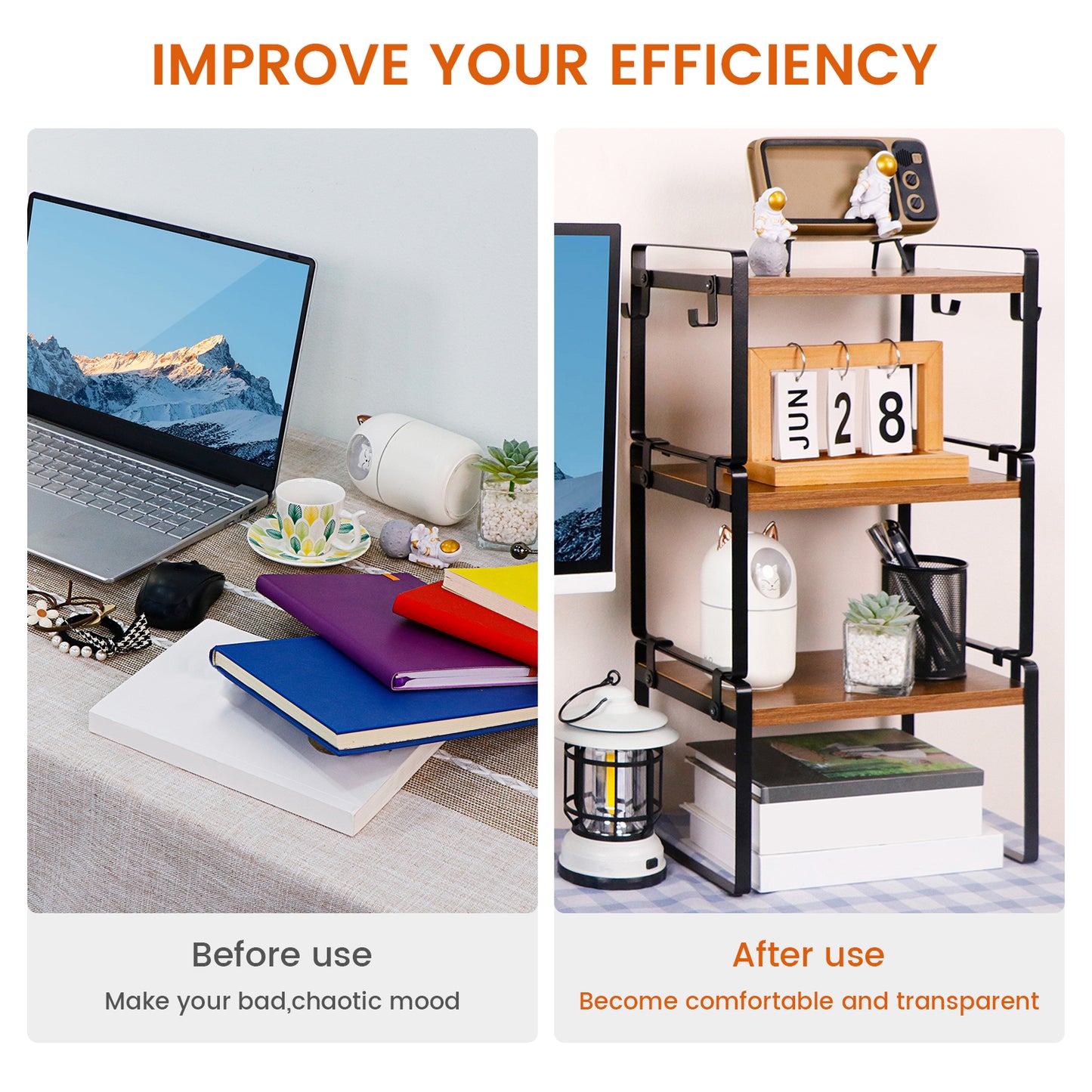 Étagère de rangement à un seul niveau avec 4 crochets en fer, étagère compacte et durable, 30 x 20 x 18 cm - Marron