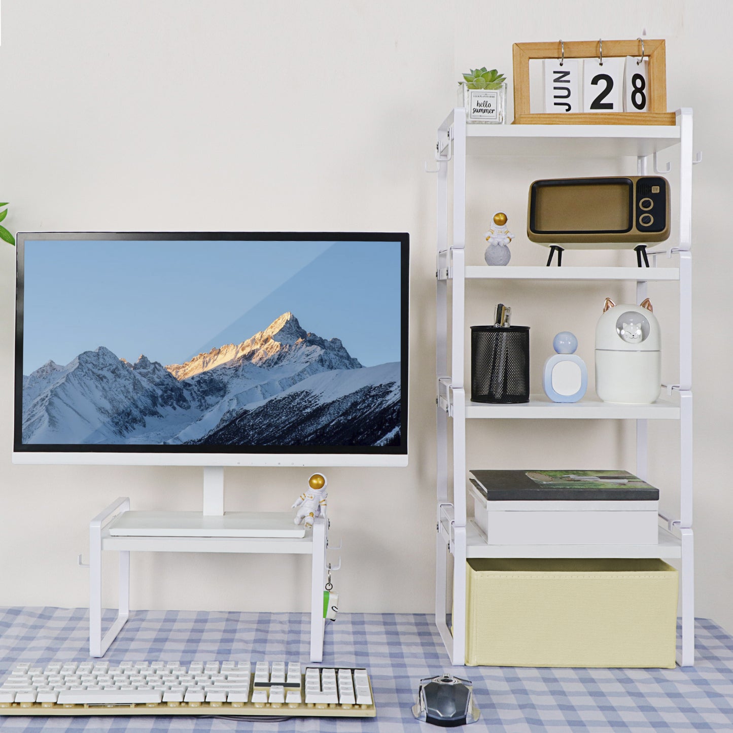 Étagère de rangement à un seul niveau avec 4 crochets en fer, étagère compacte et durable, 30 x 20 x 18 cm - Blanc