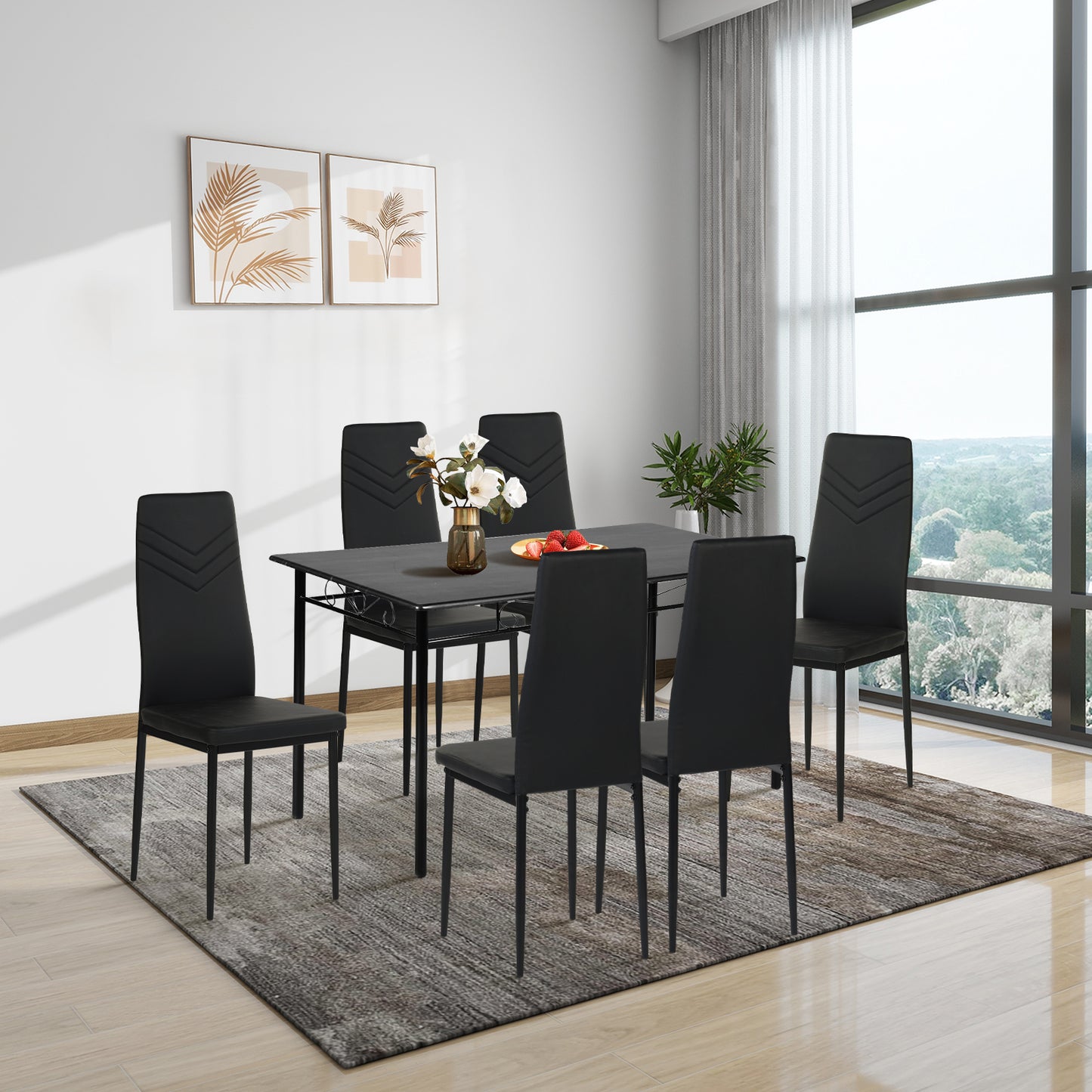 Lot de 6 Chaise de cuisine moderne avec pieds en métal-Noir