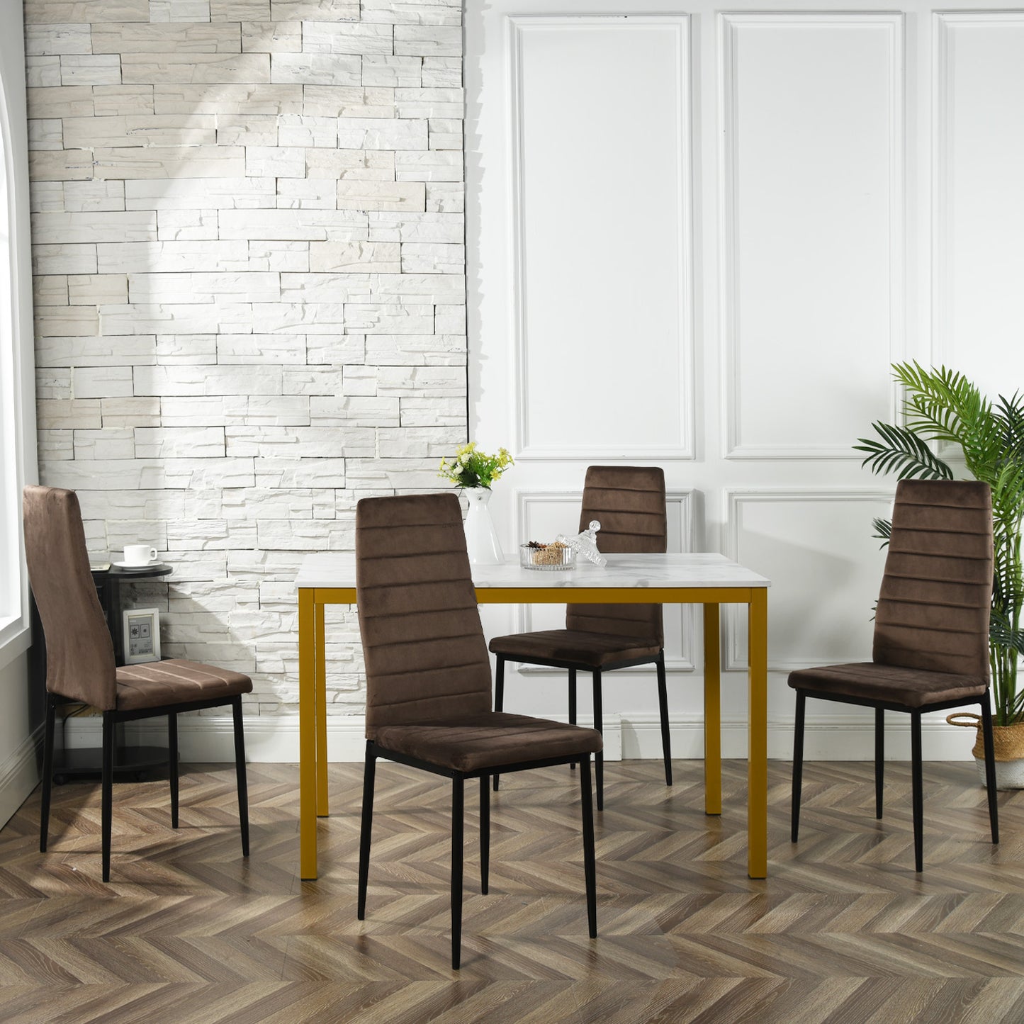 Lot de 4 Chaises de salle à manger en velours, Pieds en Métal, Marron