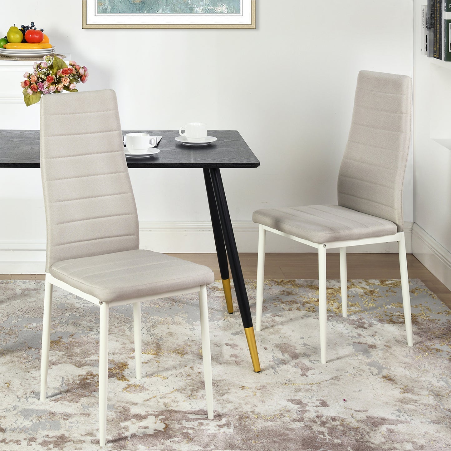 Lot de 6 chaises de salle à manger, de cuisine, confortables et rembourrées, avec siège en tissu, dossier, pieds en métal, beige