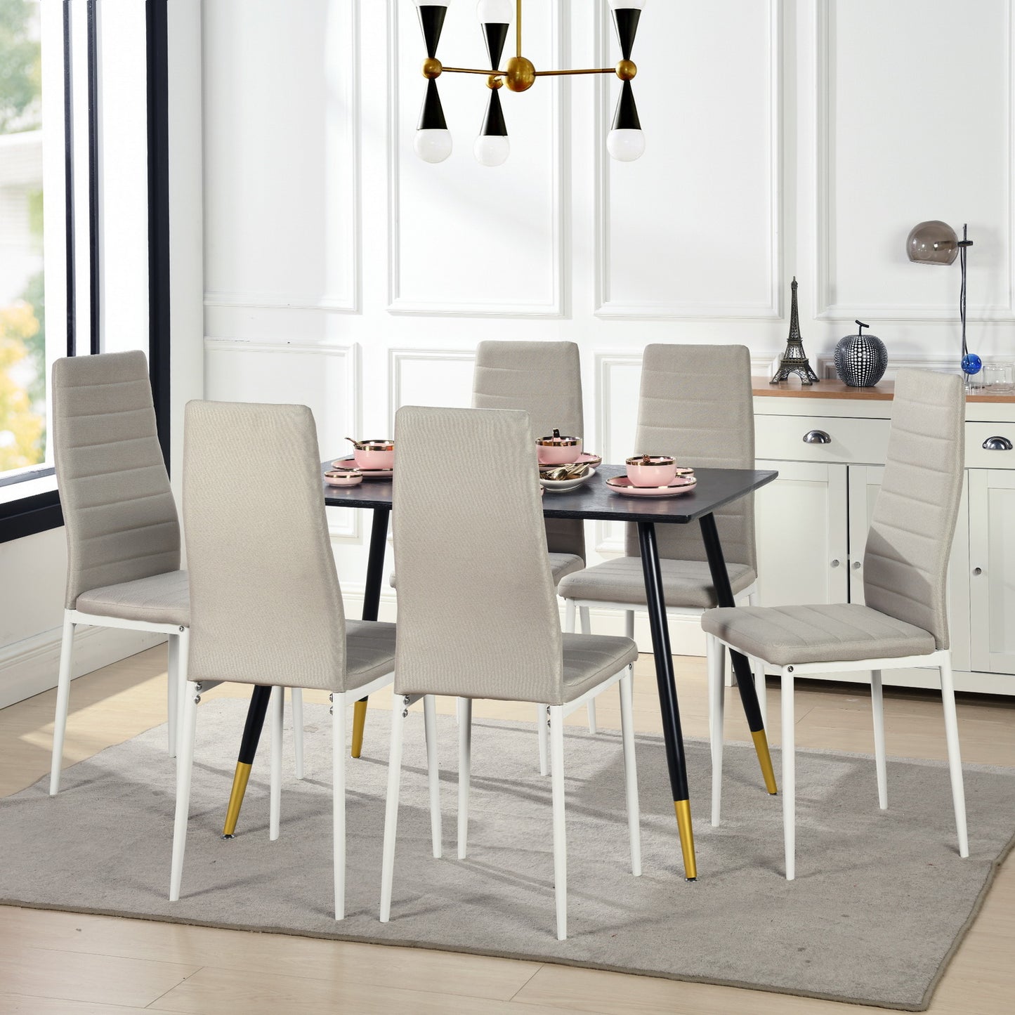 Lot de 6 chaises de salle à manger, de cuisine, confortables et rembourrées, avec siège en tissu, dossier, pieds en métal, beige