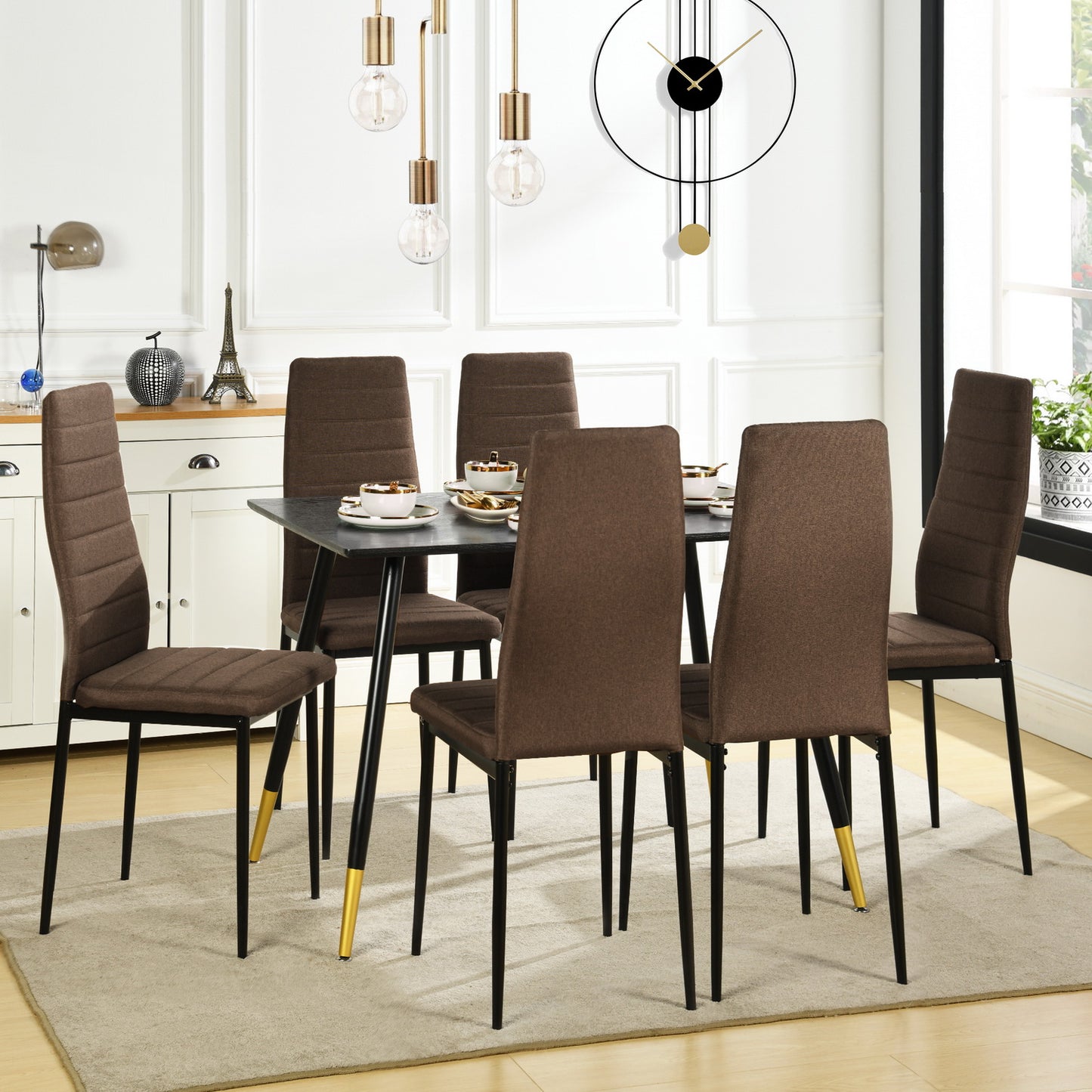 Lot de 6 chaises de salle à manger, de cuisine, confortables et rembourrées, avec siège en tissu, dossier, pieds en métal, marron