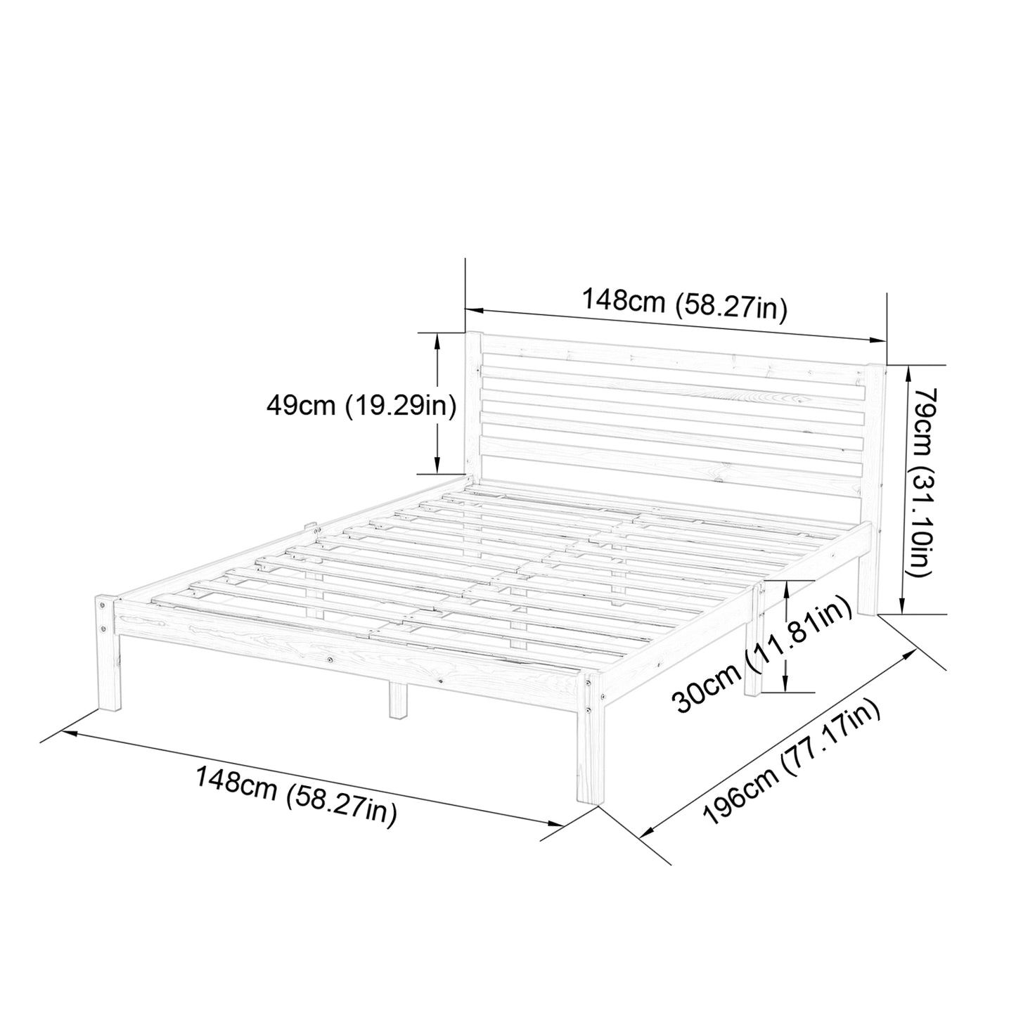 Structure de Lit Double en Bois avec Sommier - 140x190 cm - Style Scandinave