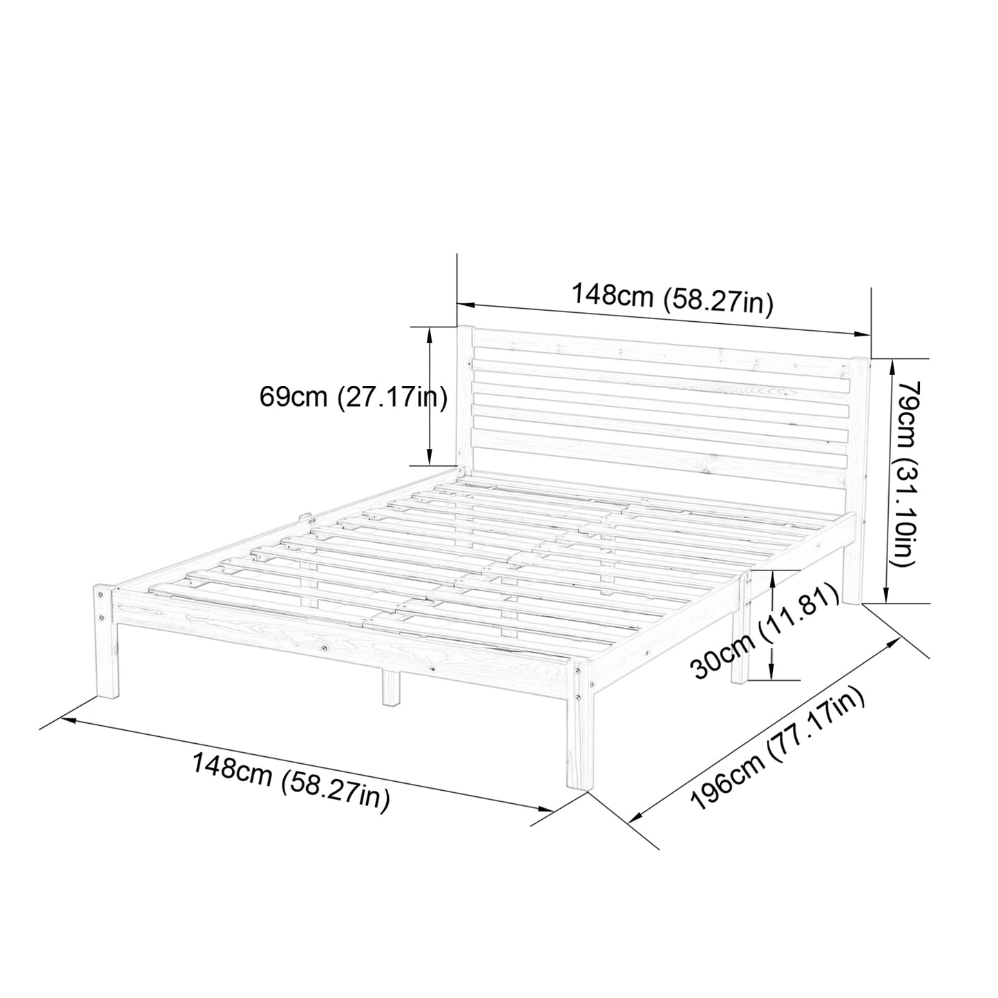 Structure de Lit Double en Bois avec Sommier - 140x190 cm - Style Scandinave - Blanc