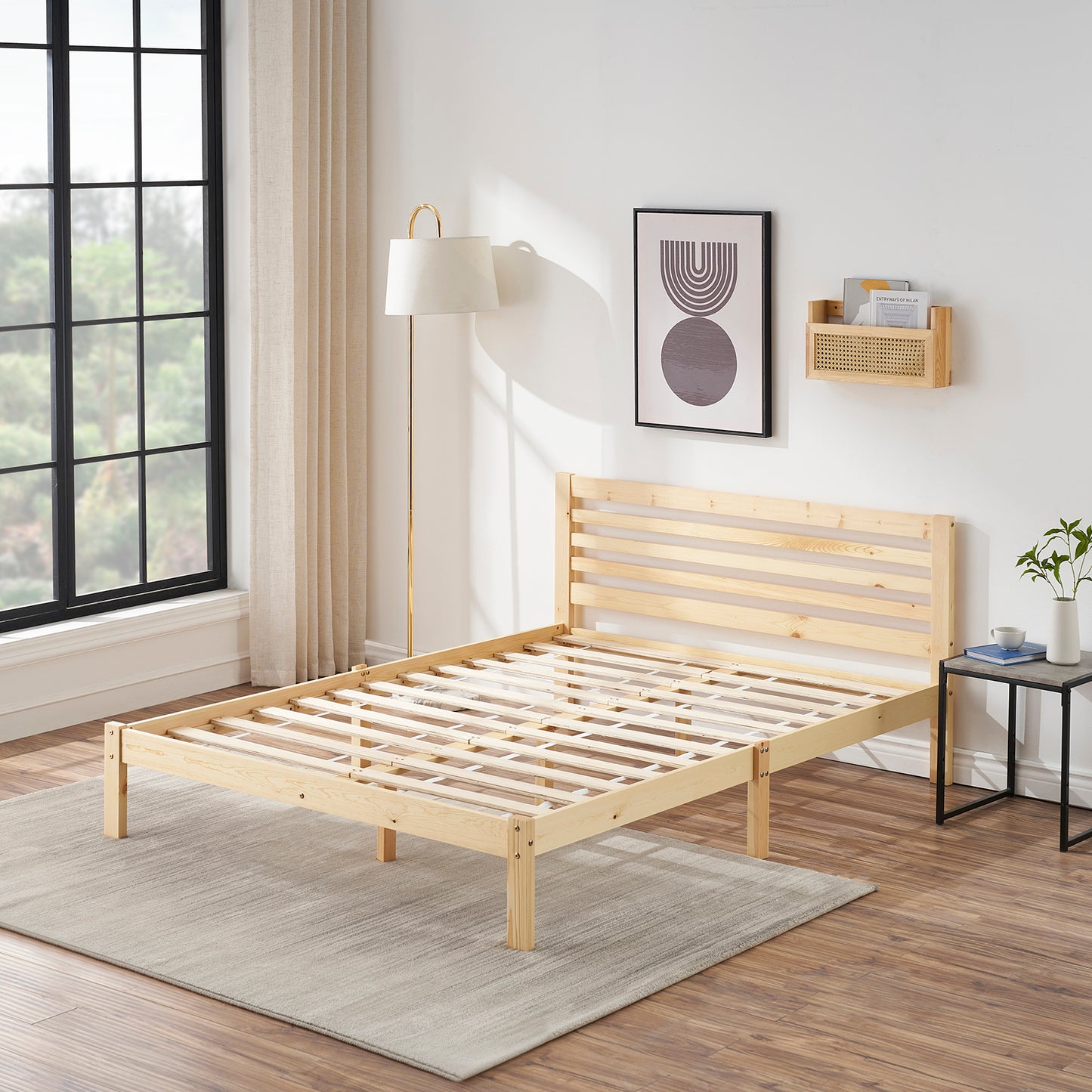 Structure de Lit Double en Bois avec Sommier - 140x190 cm - Style Scandinave