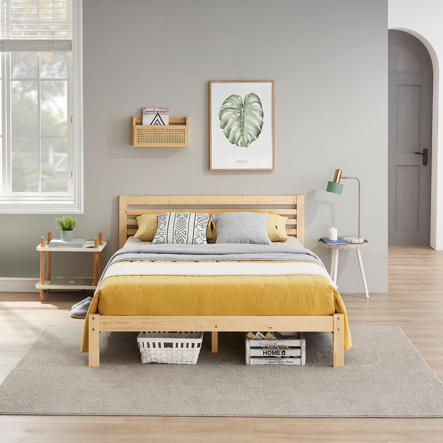 Structure de Lit Double en Bois avec Sommier - 140x190 cm - Style Scandinave