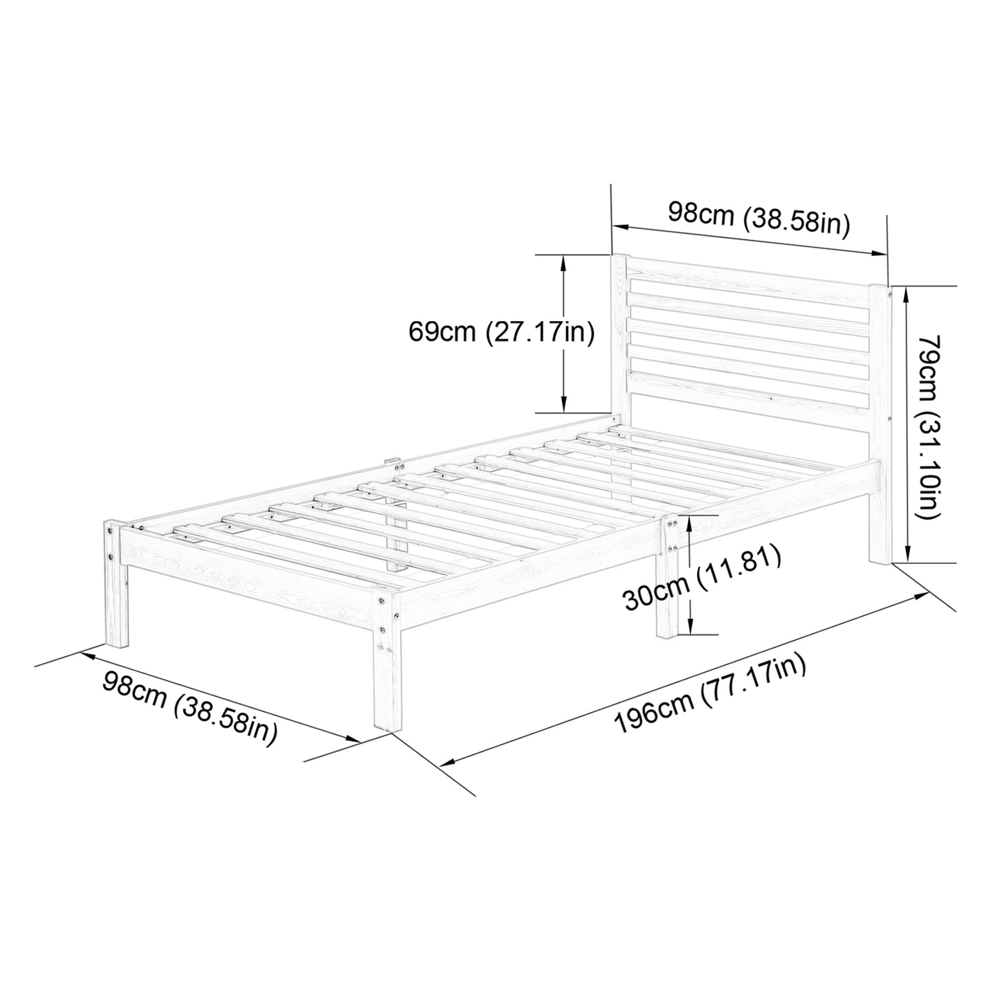Structure de Lit Simple en Bois avec Sommier - 90x190 cm - Style Scandinave