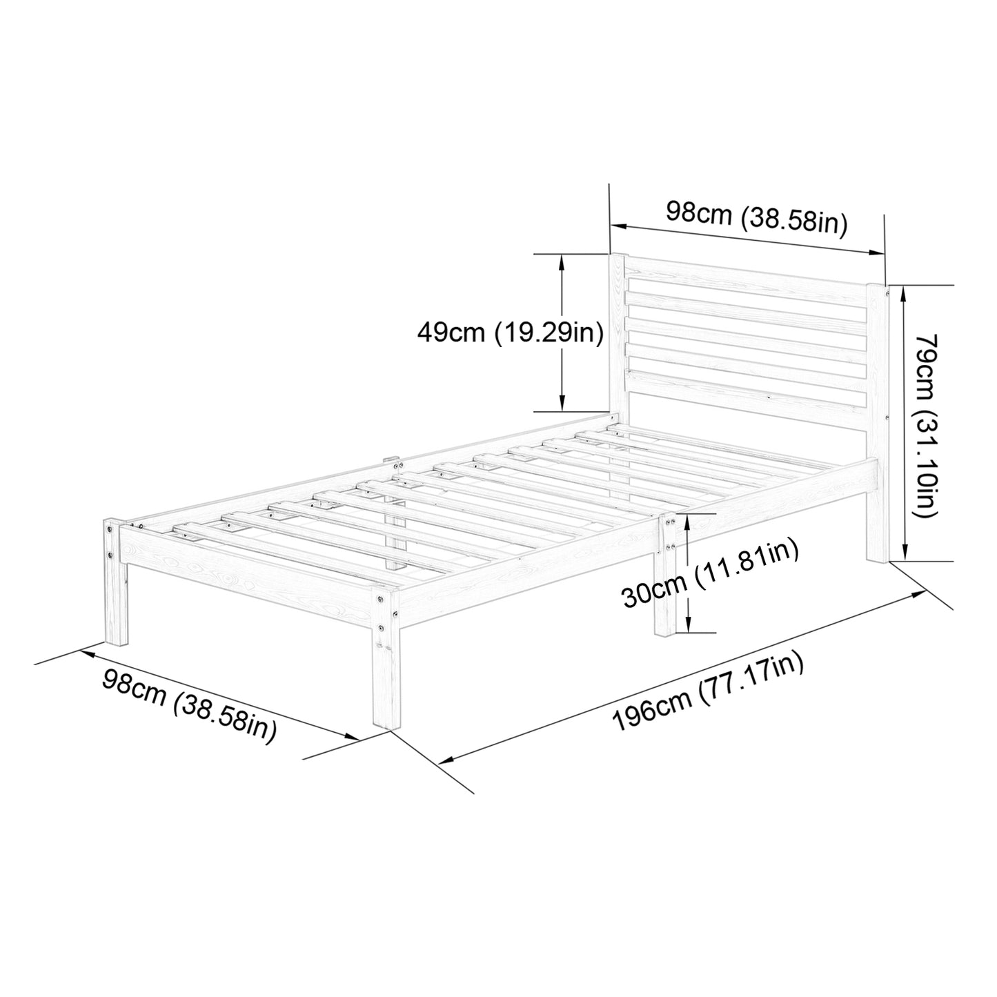 Structure de Lit Simple en Bois avec Sommier - 90x190 cm - Style Scandinave - Blanc