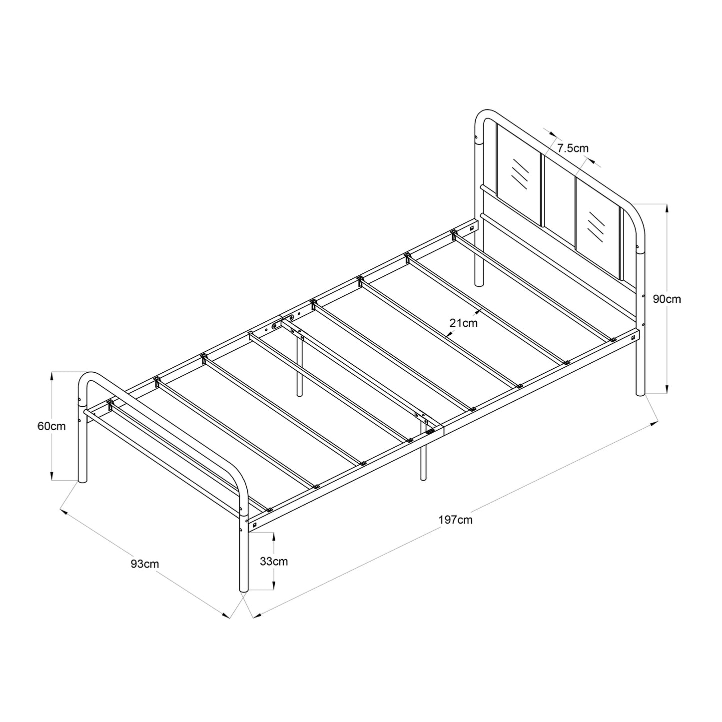 Cadre de Lit en Métal - Pour Matelas 90x190 cm - Noir