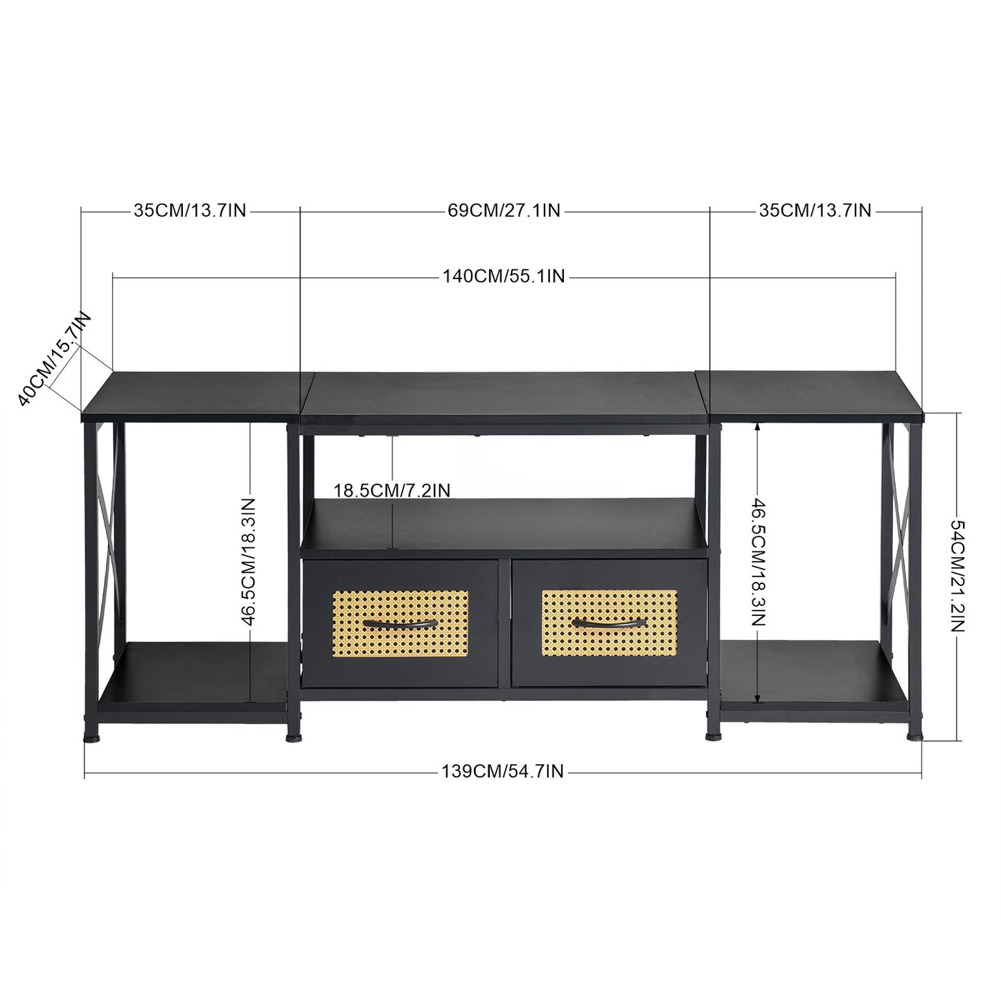 Meuble TV bas de style industriel 2 tiroirs avec étagères et armoires de rangement pour salon, chambre à coucher,140*40*55cm--Noir