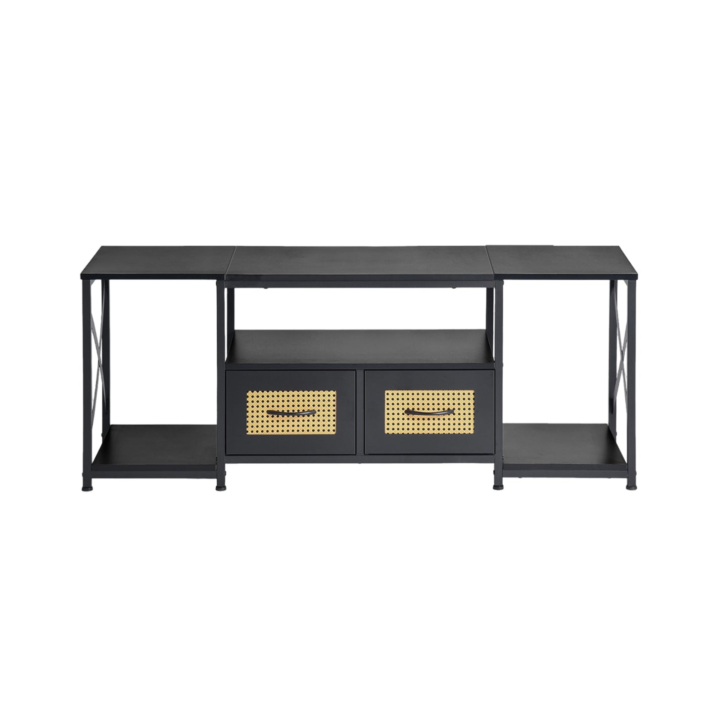 Meuble TV bas de style industriel 2 tiroirs avec étagères et armoires de rangement pour salon, chambre à coucher,140*40*55cm--Noir
