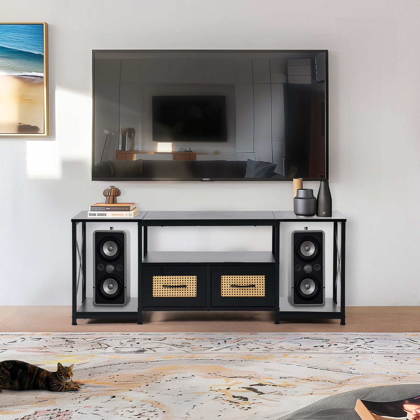 Meuble TV bas de style industriel 2 tiroirs avec étagères et armoires de rangement pour salon, chambre à coucher,140*40*55cm--Noir