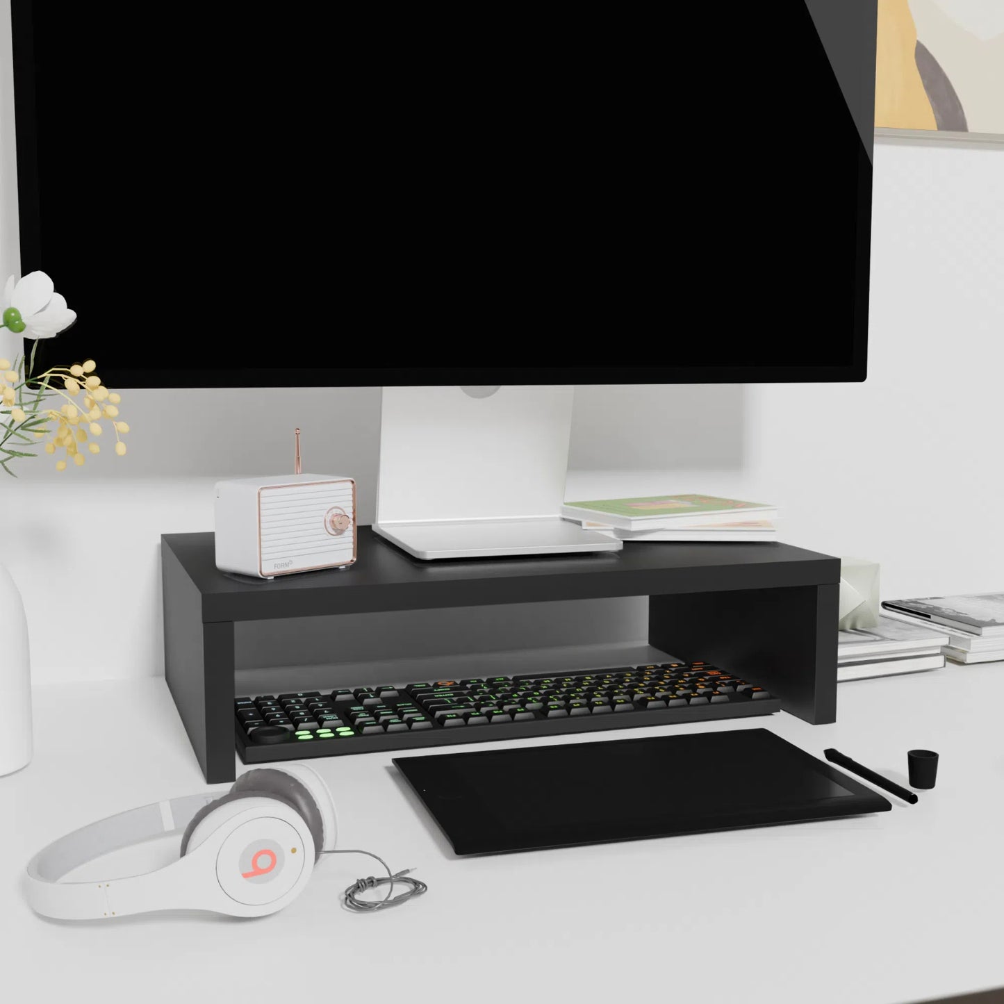 Étagère de Bureau Simple à 2 Niveaux, Étagère de Bureau D'ordinateur Simple, 36x24x8.5 cm--Noir