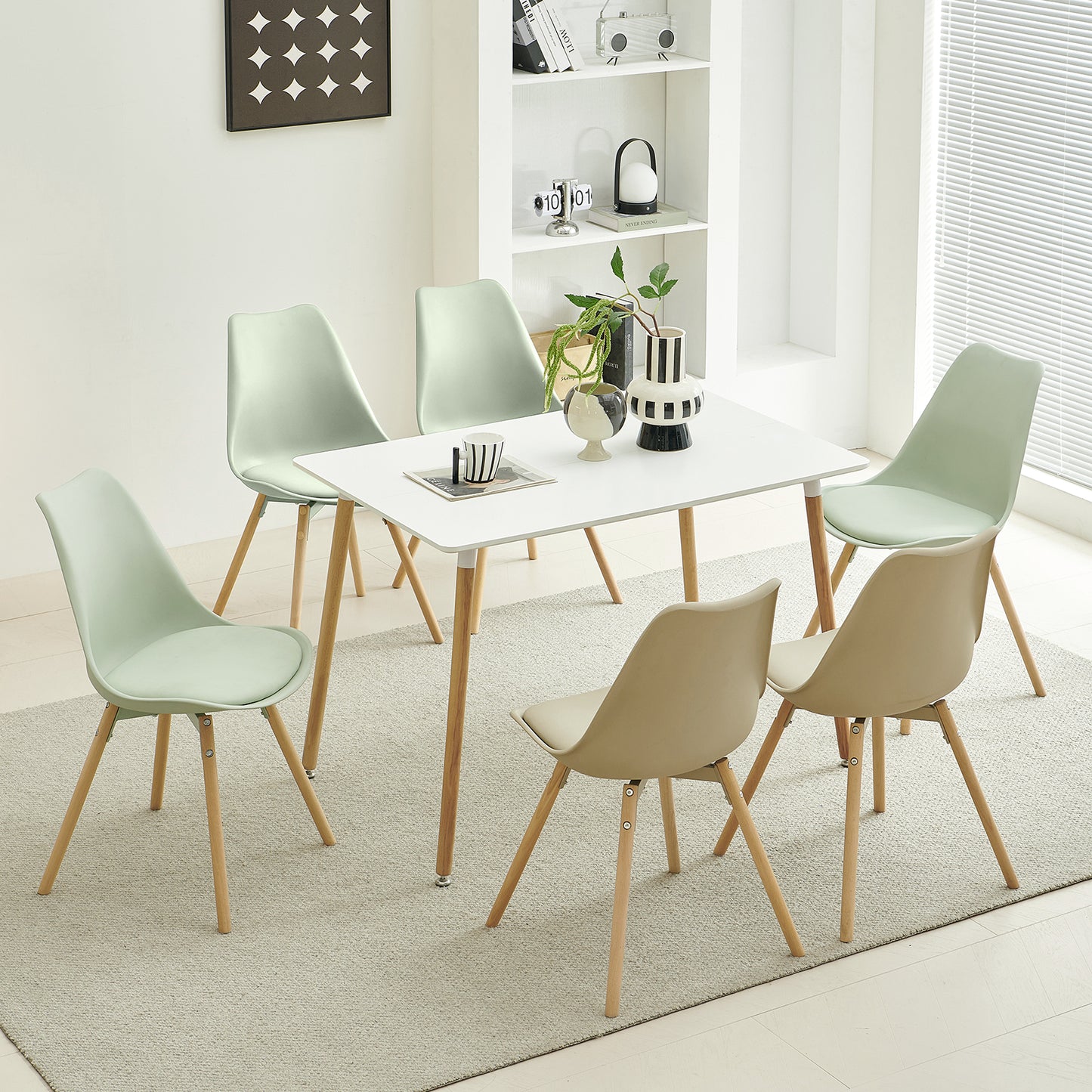 Lot de 6 chaises de salle à manger rembourrées avec bois massif Assise Dossier pour salle à manger, salon, chambre à coucher, salle de conférence, vert crème glacée