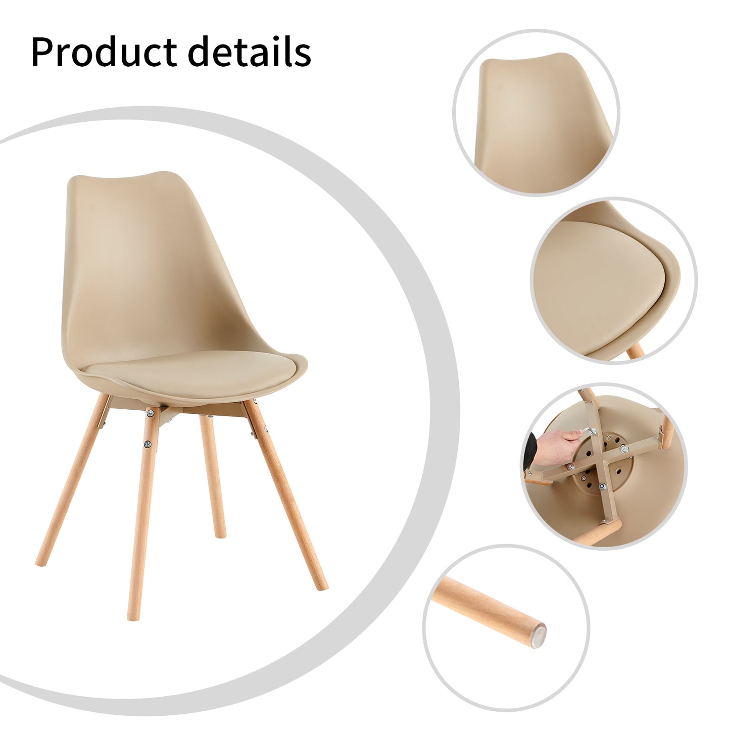 Lot de 4 chaises rembourrées avec bois massif, assise et dossier, pour salle à manger, chambre, salle de conférence, kaki clair