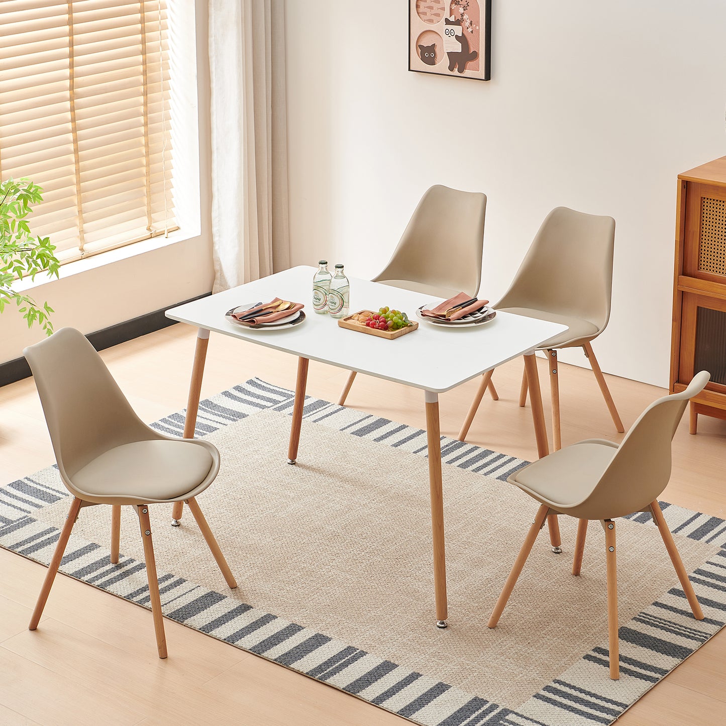 Lot de 4 chaises de salle à manger, rembourrées, avec bois massif, assise et dossier, pour salle à manger, salon, chambre à coucher, salle de conférence, kaki clair
