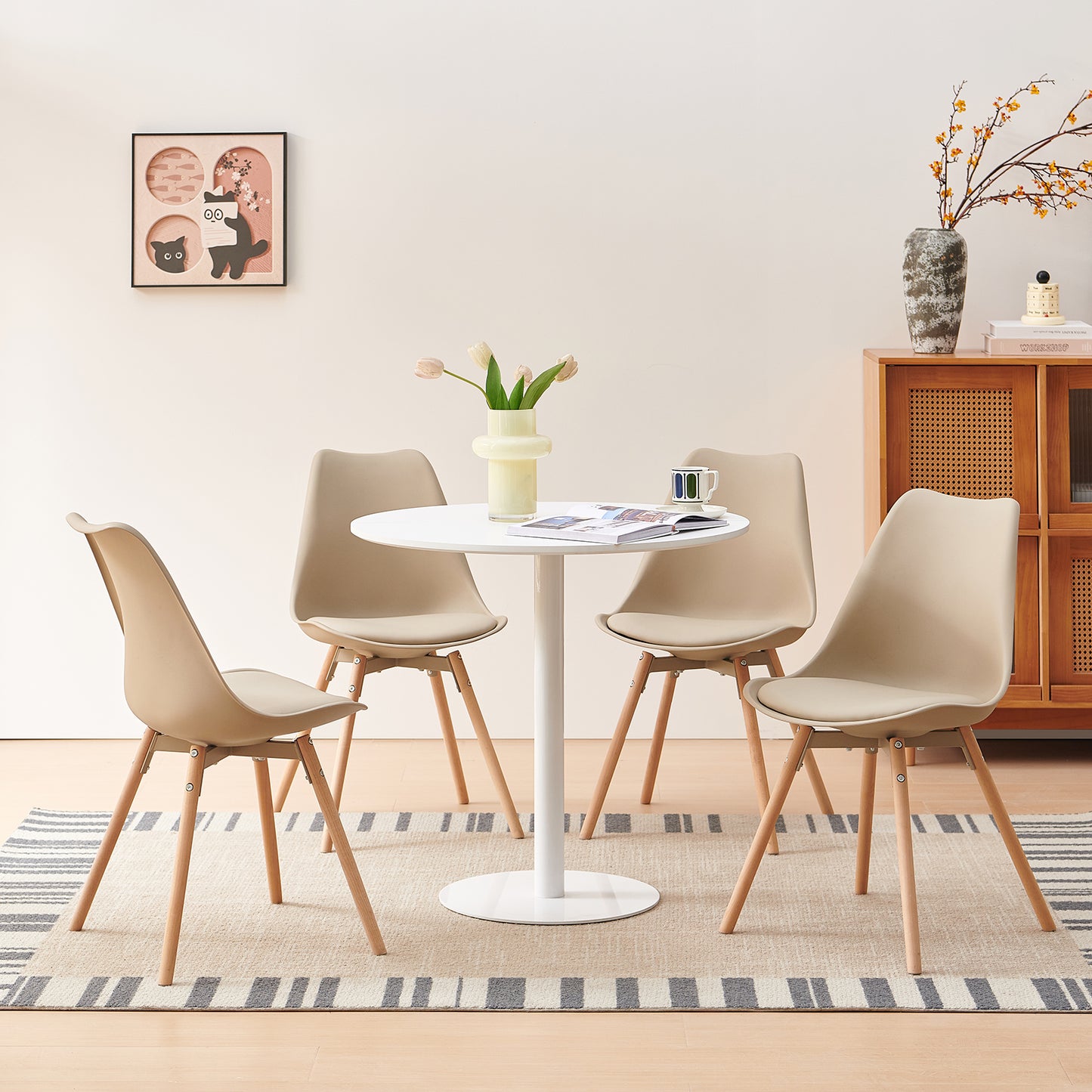 Lot de 4 chaises de salle à manger, rembourrées, avec bois massif, assise et dossier, pour salle à manger, salon, chambre à coucher, salle de conférence, kaki clair