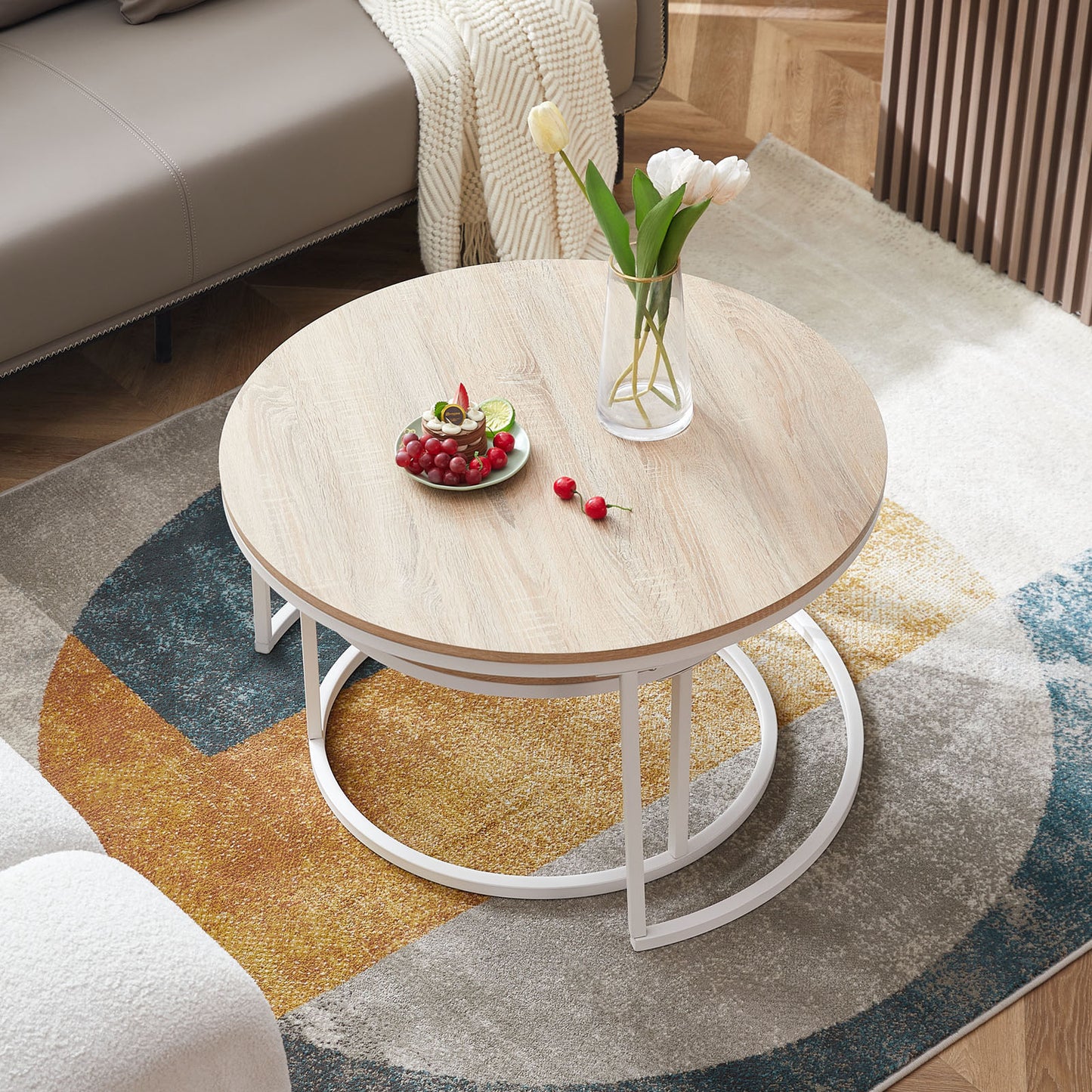 Lot de 2 Tables Basses Gigognes Rondes Style Scandinave - Table de Salon - 80 x 45 cm et 60 x 35 cm - Couleur Chêne