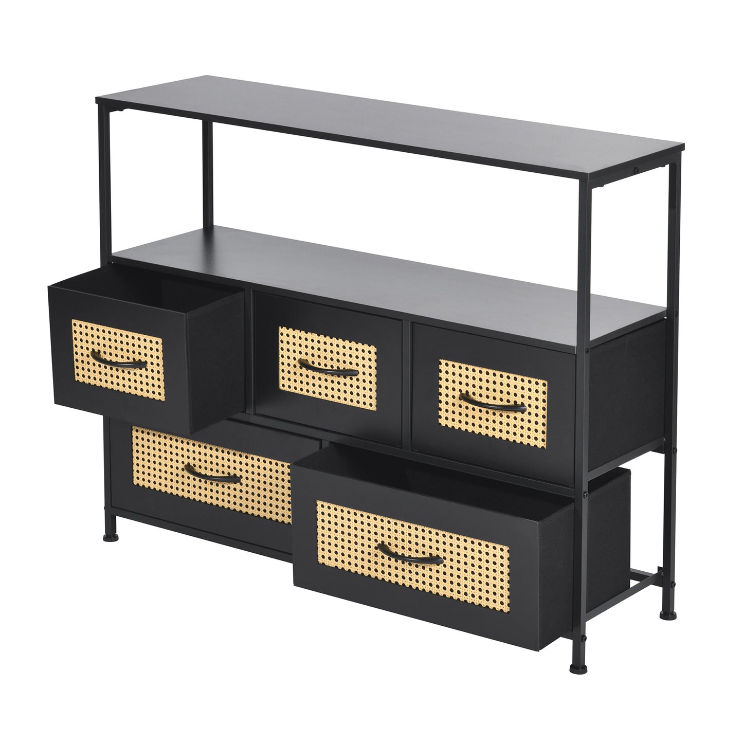 Buffet industriel 5 tiroirs, buffet 5 tiroirs en tissu non tissé, meuble de rangement pour salon, cuisine, salle à manger, 100x 30 x 80 cm--Noir