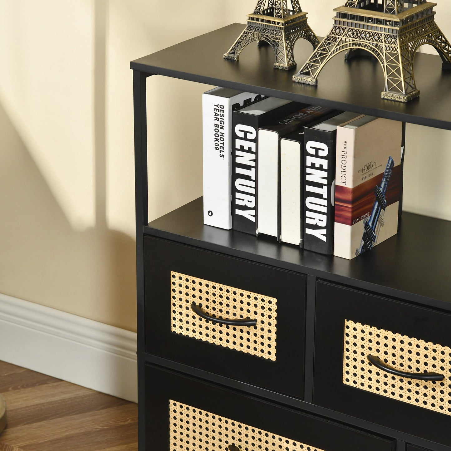 Buffet industriel 5 tiroirs, buffet 5 tiroirs en tissu non tissé, meuble de rangement pour salon, cuisine, salle à manger, 100x 30 x 80 cm--Noir