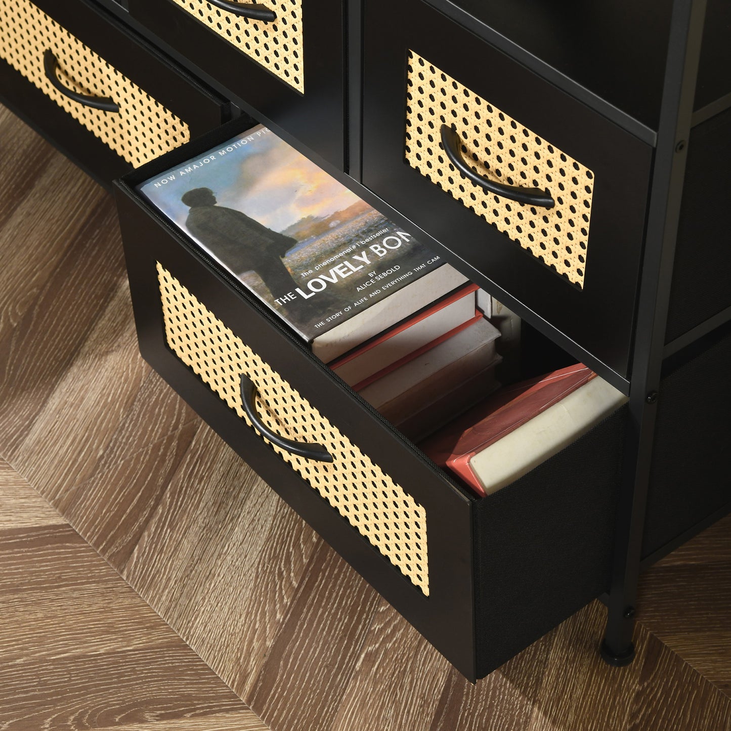 Buffet industriel 5 tiroirs en tissu non tissé, meuble de rangement pour salon, cuisine, salle à manger, 100 x 30 x 80 cm, noir