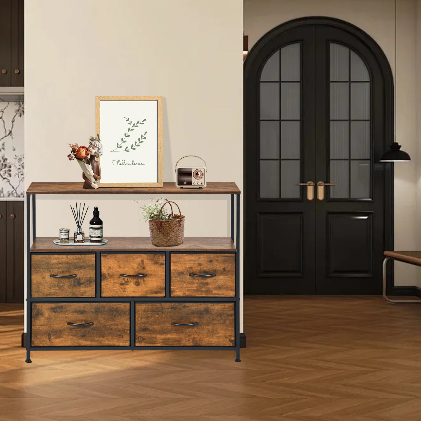 Buffet industriel 5 tiroirs, buffet 5 tiroirs en tissu non tissé, meuble de rangement pour salon, cuisine, salle à manger, 100x 30 x 80 cm--Marron