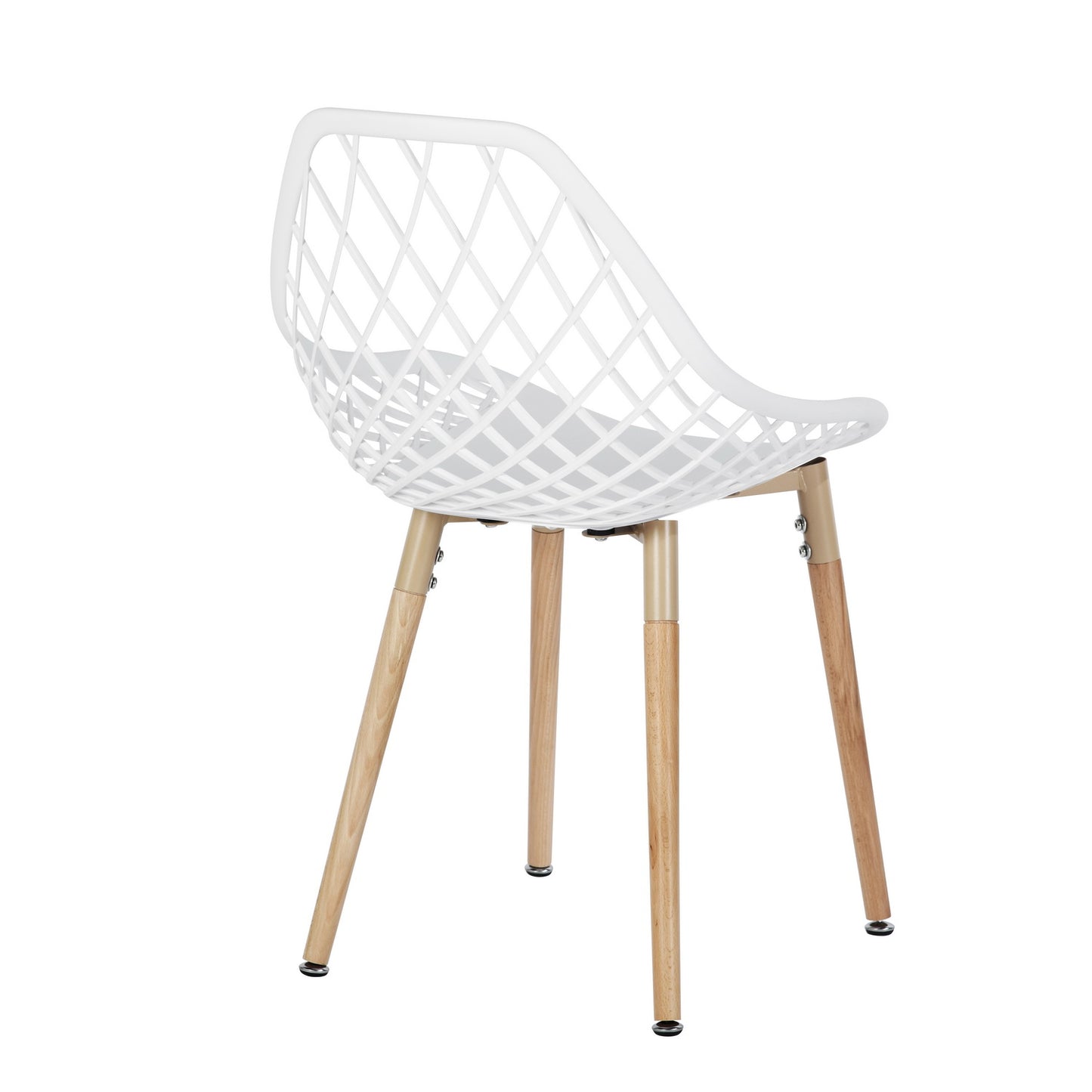 Lot de 2 chaises de salle à manger en plastique blanc avec un design ajouré, pieds en bois, style scandinave.