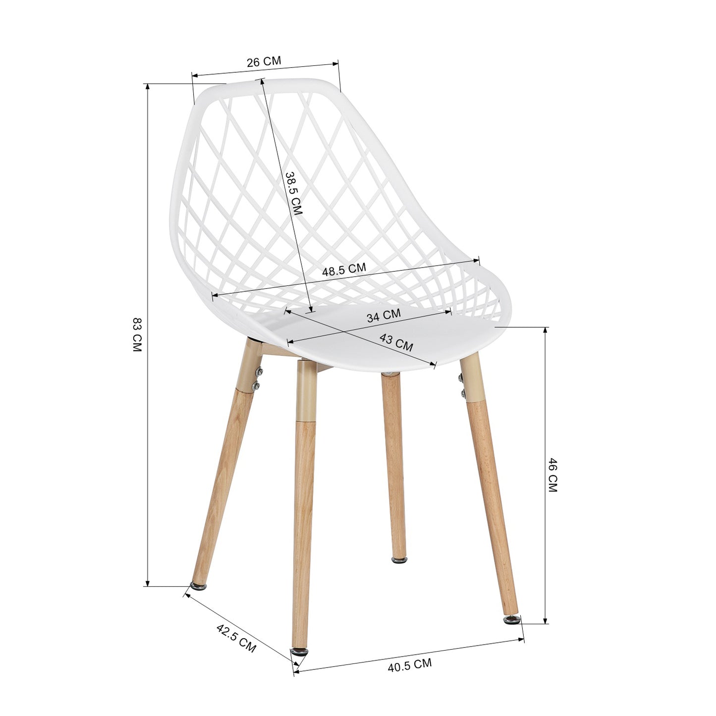 Lot de 2 chaises de salle à manger en plastique blanc avec un design ajouré, pieds en bois, style scandinave.
