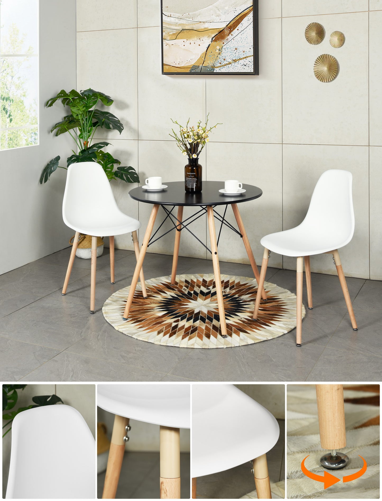Lot de 2 chaises de salle à manger en plastique Blanc - Pieds en hêtre, style scandinave