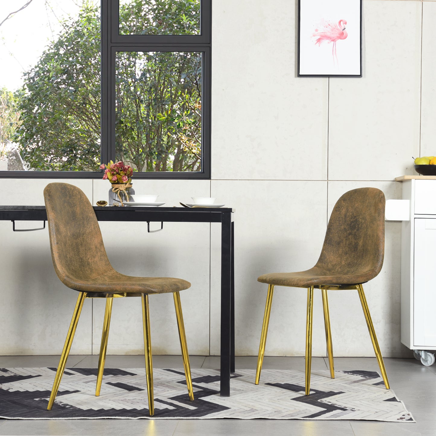 Lot de 2 chaises de salle à manger en daim marron avec pieds en métal doré