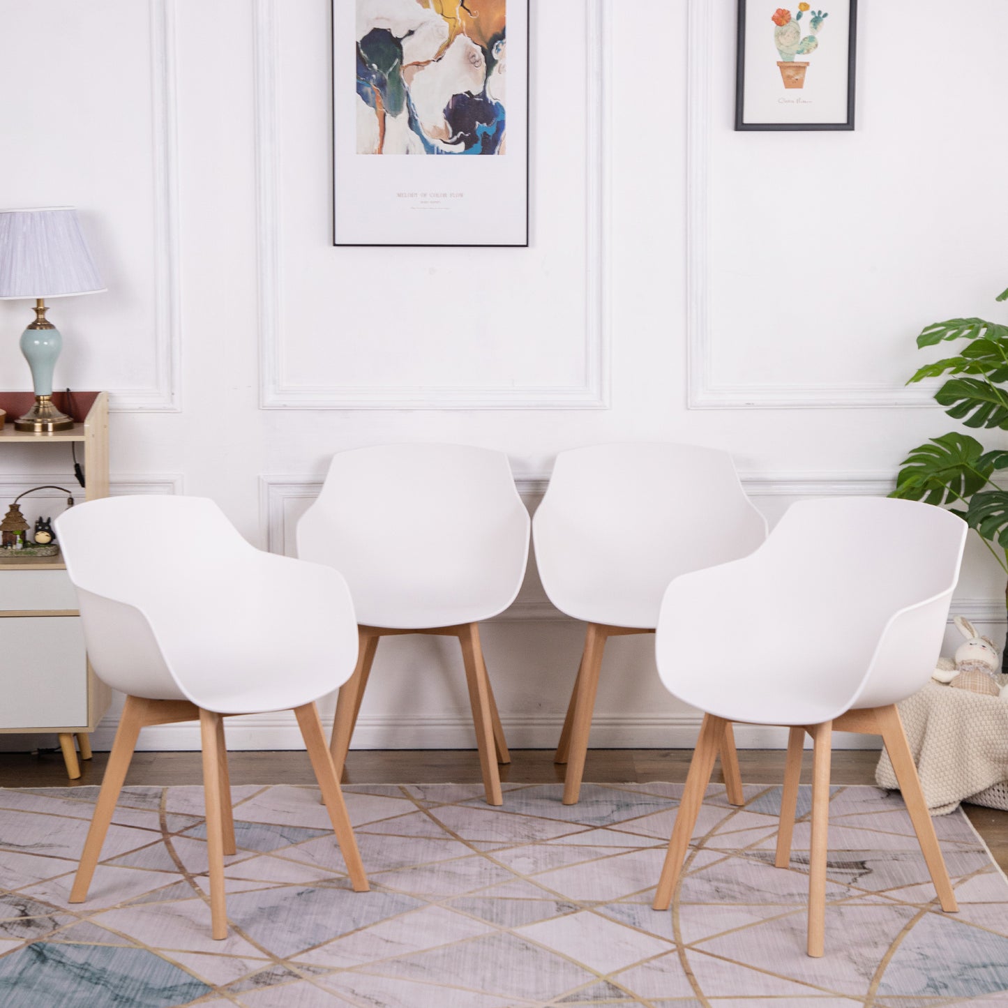 Lot de 4 Chaises Salle à Manger Fauteuils Scandinave de Cuisine avec Pieds en Bois de Hêtre Massif Blanc