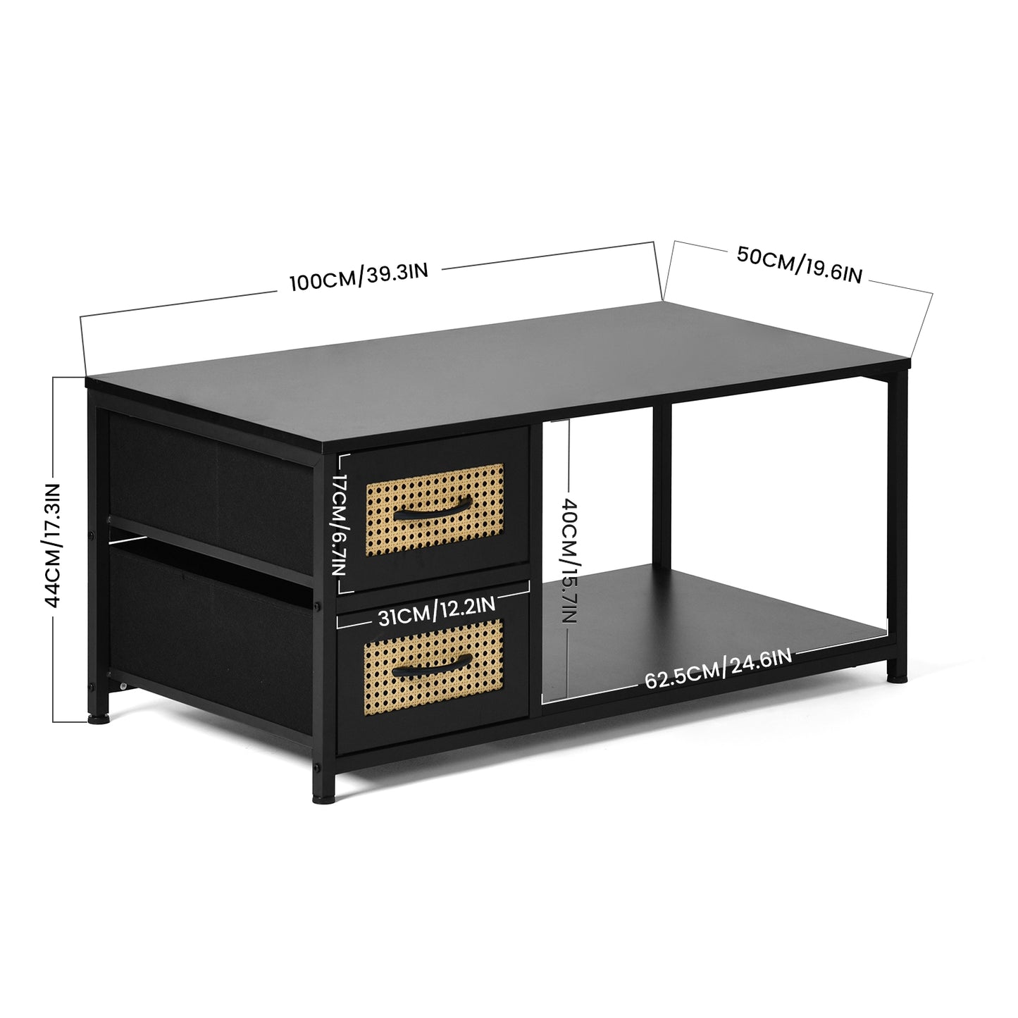 Table de Chevet avec 2 Tiroirs en Tissu, Table D'appoint, Table Basse de Salon, Petit Meuble de Rangement Style Industriel, 100 x 50 x 44cm--Noir