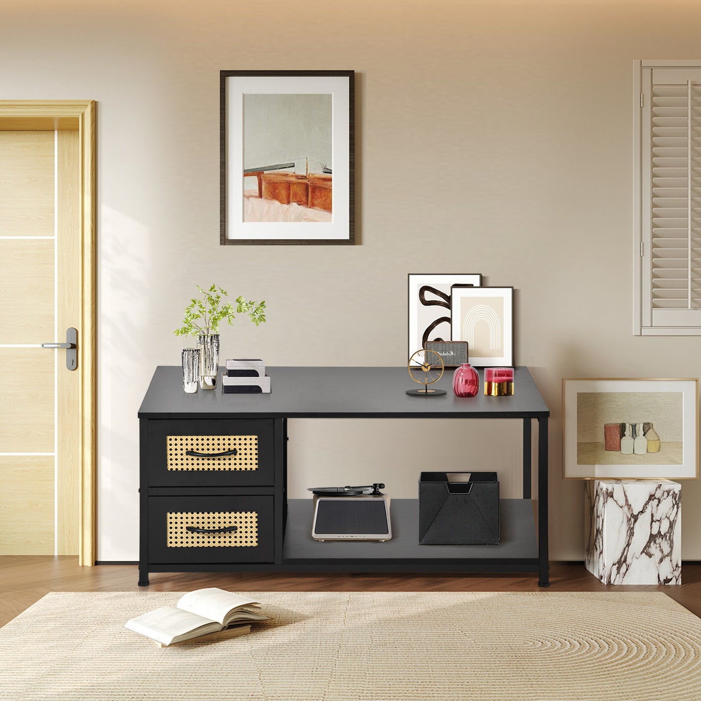 Table de Chevet avec 2 Tiroirs en Tissu, Table D'appoint, Table Basse de Salon, Petit Meuble de Rangement Style Industriel, 100 x 50 x 44cm--Noir
