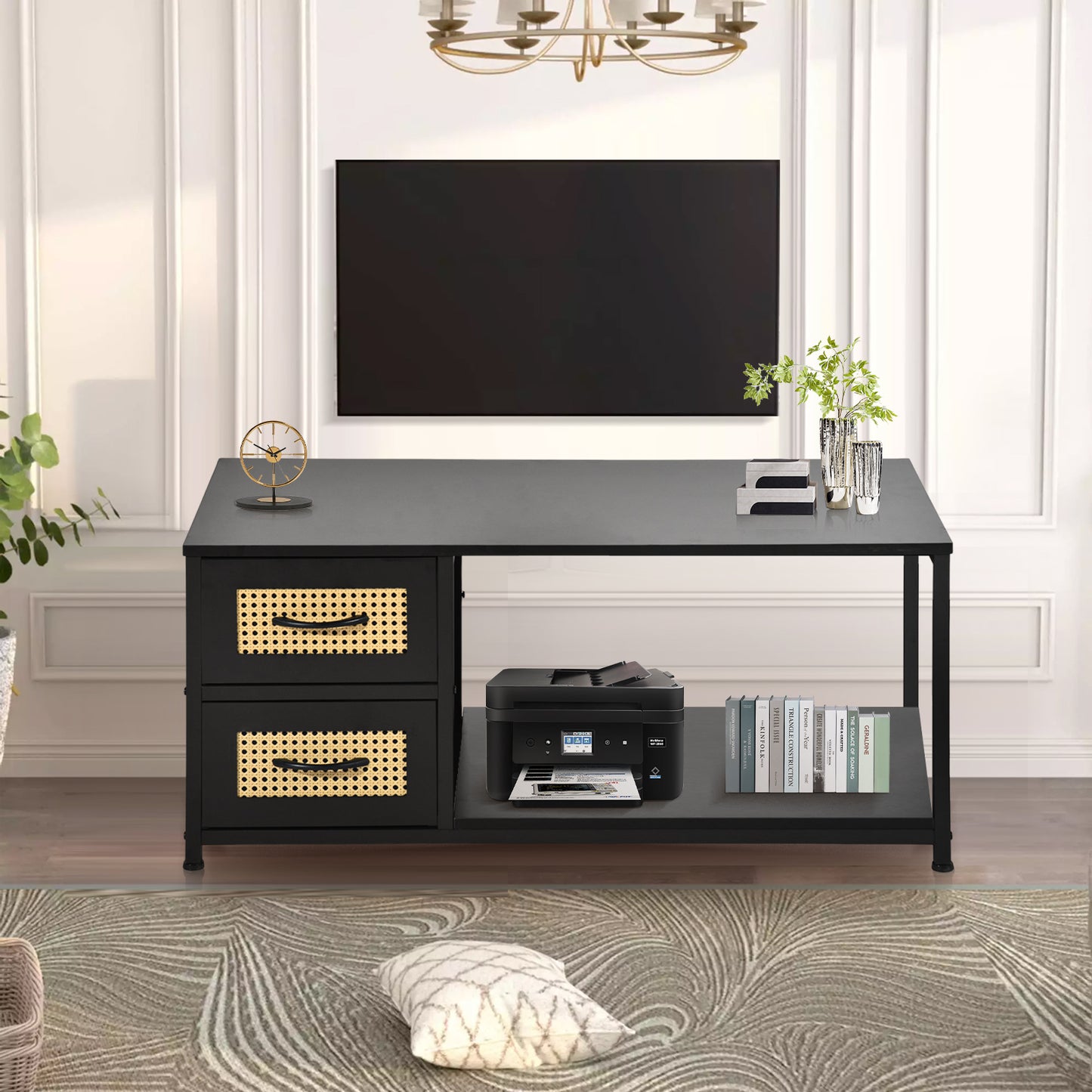 Table de Chevet avec 2 Tiroirs en Tissu, Table D'appoint, Table Basse de Salon, Petit Meuble de Rangement Style Industriel, 100 x 50 x 44cm--Noir