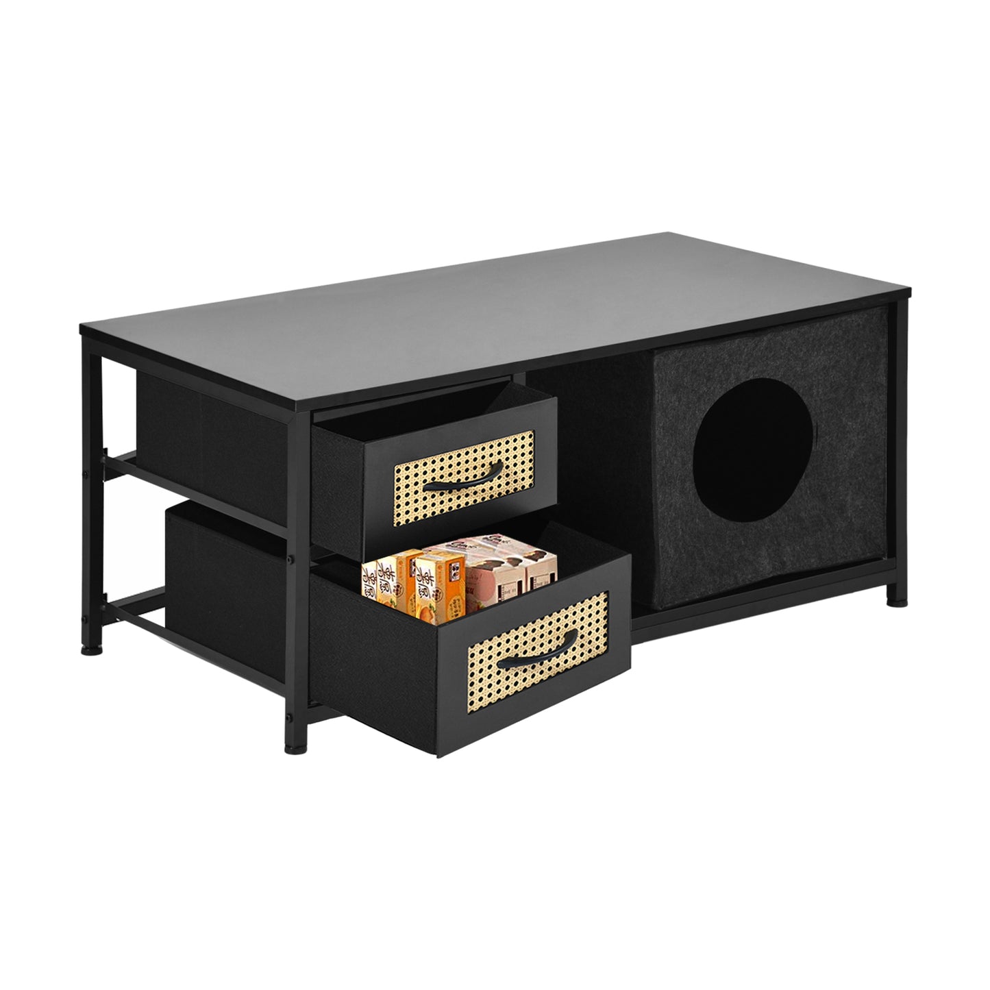 Table de Chevet avec 2 Tiroirs en Tissu, Table D'appoint, Table Basse de Salon, Petit Meuble de Rangement Style Industriel, 100 x 50 x 44cm--Noir
