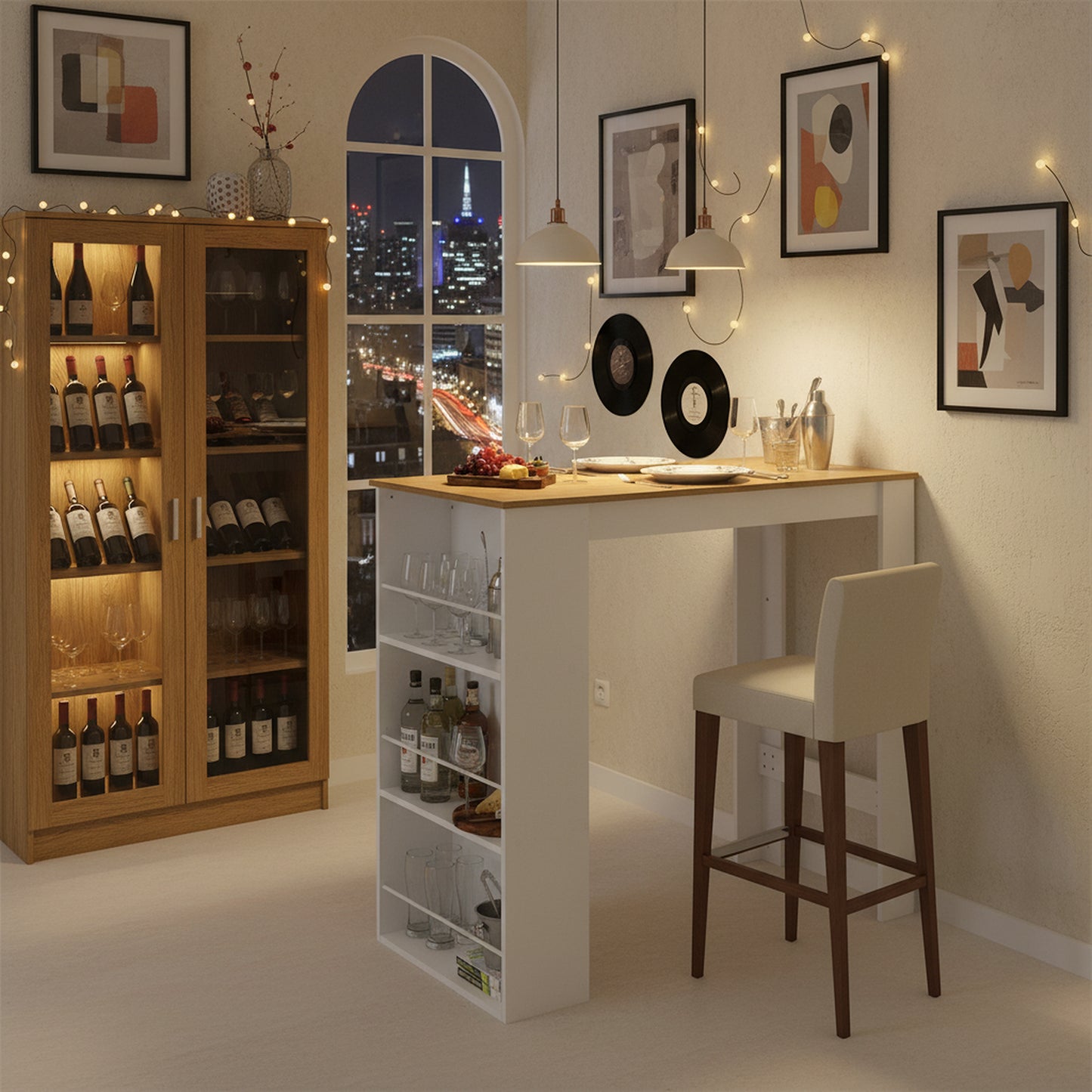 Table de Bar avec Rangement, Table de Bar pour Cuisine,112 × 57 × 106 cm, Blanc et chêne Clair