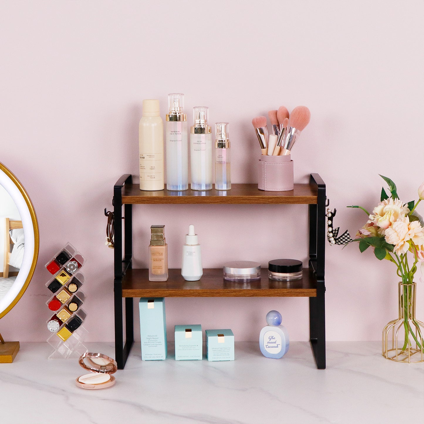 Étagère à 2 niveaux avec 8 crochets en fer – Organiseur de rangement polyvalent et robuste pour cuisine - Marron