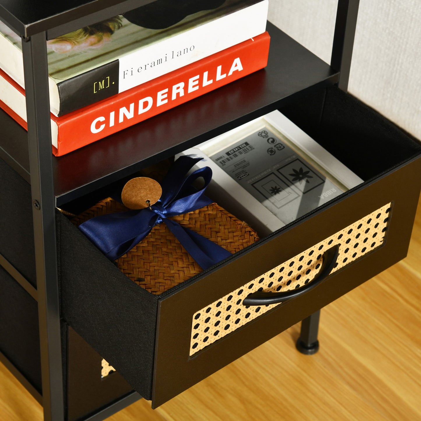 Table de chevet avec 2 tiroirs en tissu, meuble d'appoint avec 2 prises de courant et 2 USB, 40 x 30 x 60 cm, noir