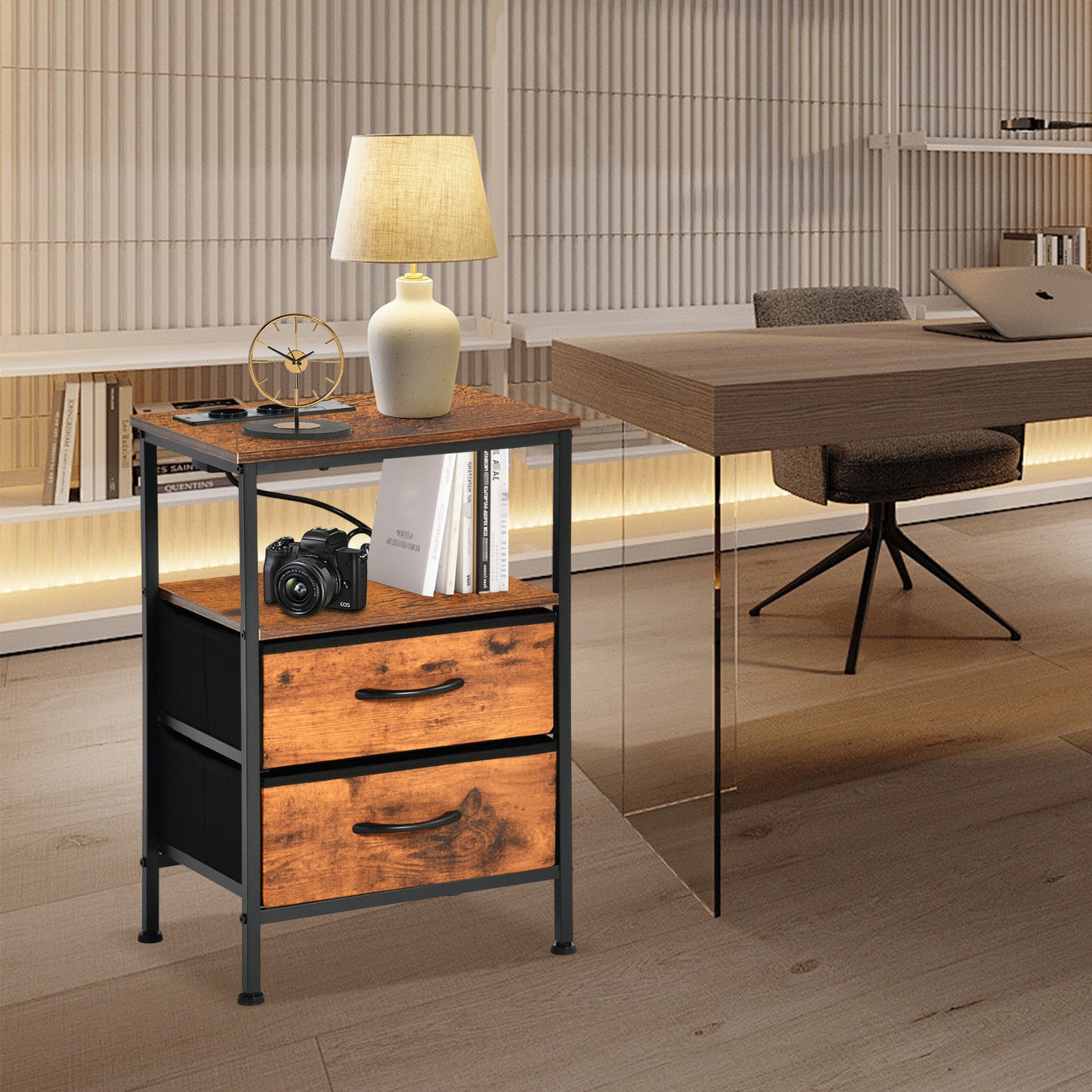 Table de chevet avec 2 tiroirs en tissu, meuble d'appoint avec 2 prises de courant et 2 USB, 40 x 30 x 60 cm, marron